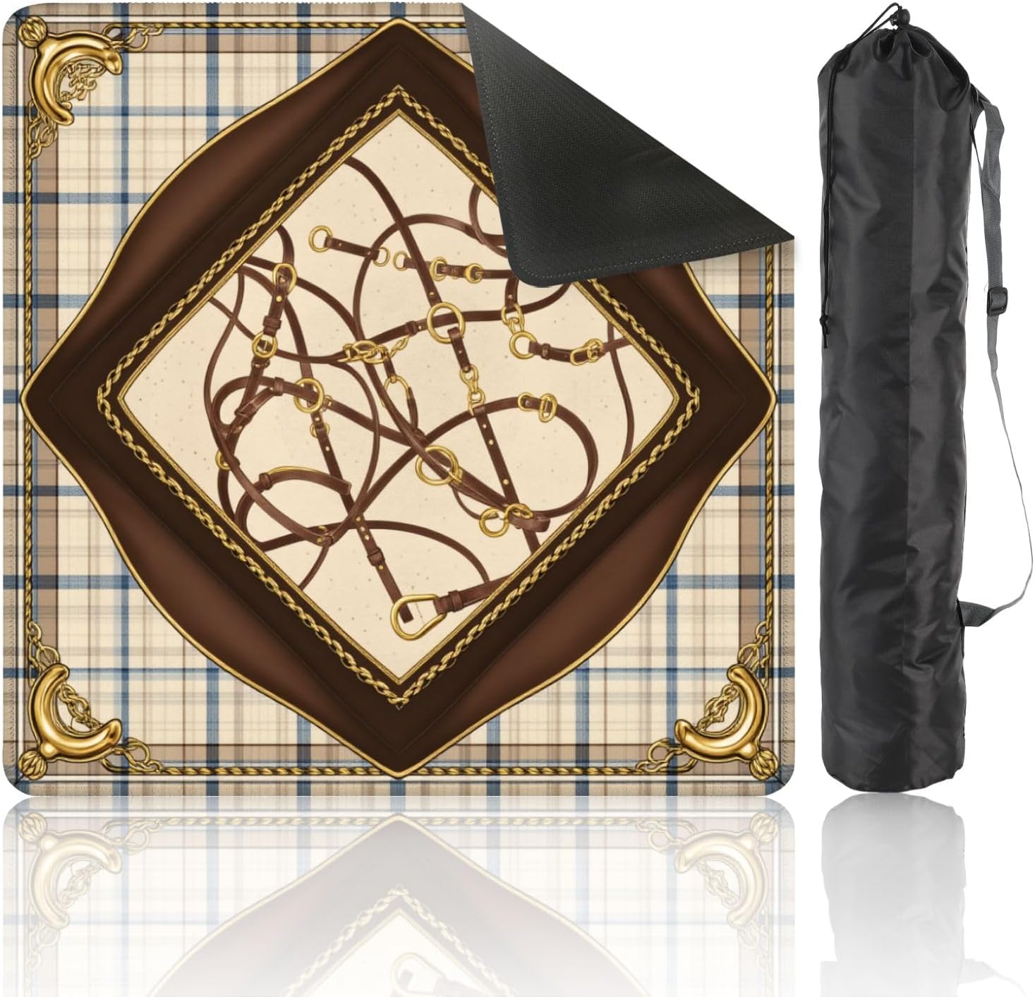 Mahjong Mat with Carrying Bag 31.5" x 31.5" Non-Slip Noise Reduction Elegant Equine Gold Chains Ropes Leather Straps Plaid Table Mat for Mahjong Poker Dominoes Card Board Tile Games