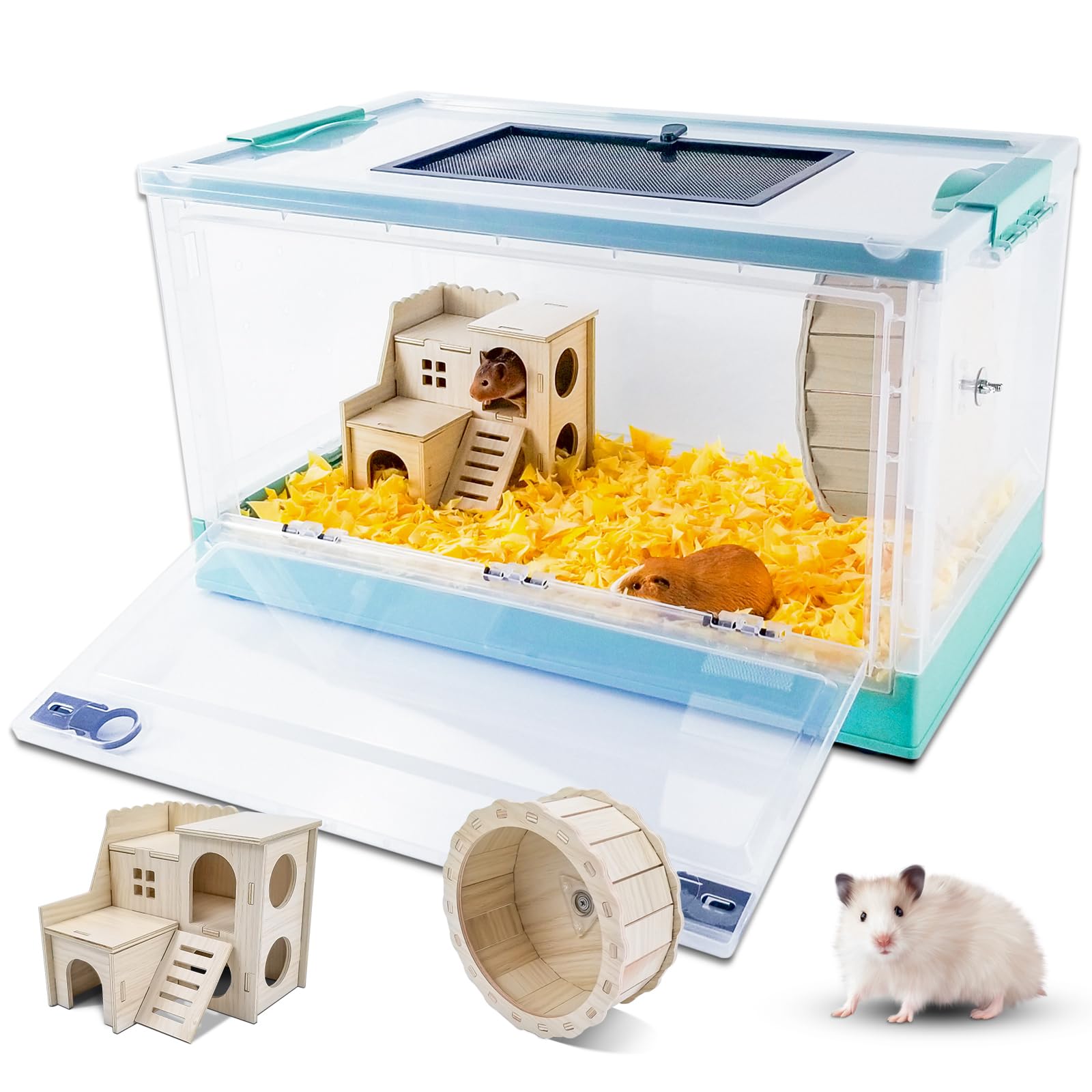 Wedoelsim Portable and Foldable Hamster Cages with Wheels, Castle Habitat, and Exercise Wheel, Easy to Move and Store Suitable for Guinea Pigs, Rat and Other Small Animals (Blue, Large)
