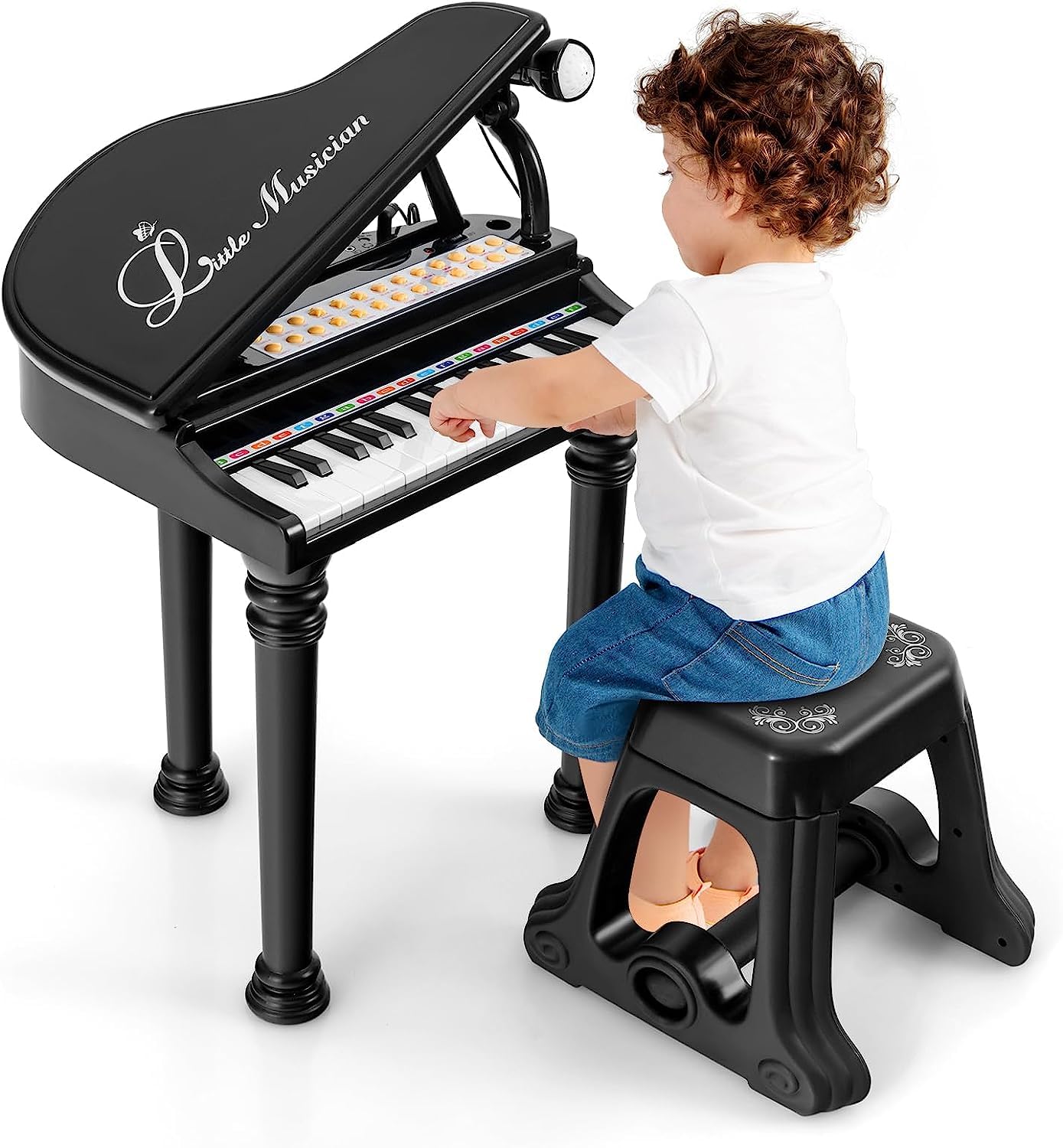 DREAMADE Clavier 31 Touches, Jouet Piano pour Enfants avec Tabouret, Instrument de Musique Mini Piano à Queue avec Microphone, Enseignement Guidé par La Lumière (Noir 31 Touches)