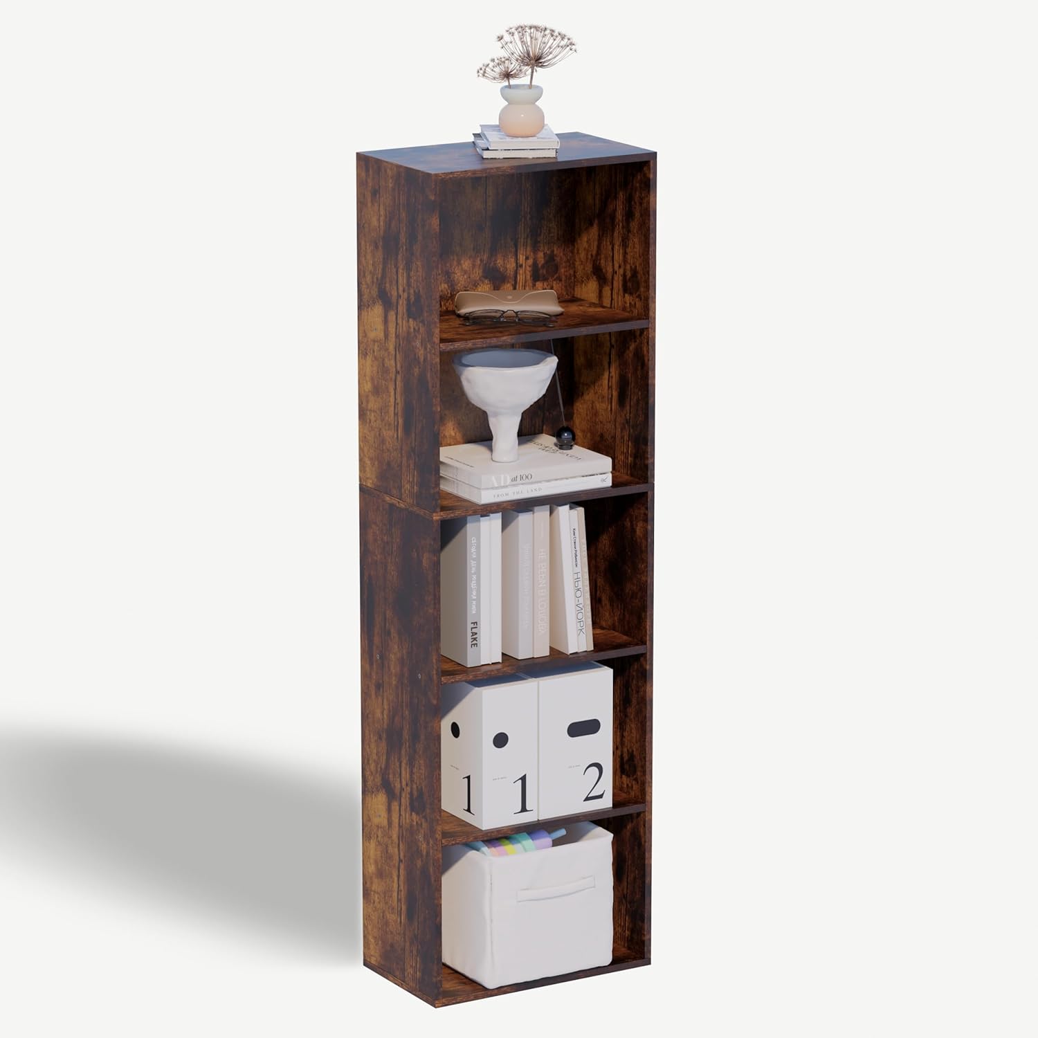 5 Cube Storage Organizer,Wooden Low Bookcase with Closed Back Panel,Freestanding Storage Display Bookshelf for Living Room,Bedroom,Home Office (Brown, 5 Cube-15.7inch)