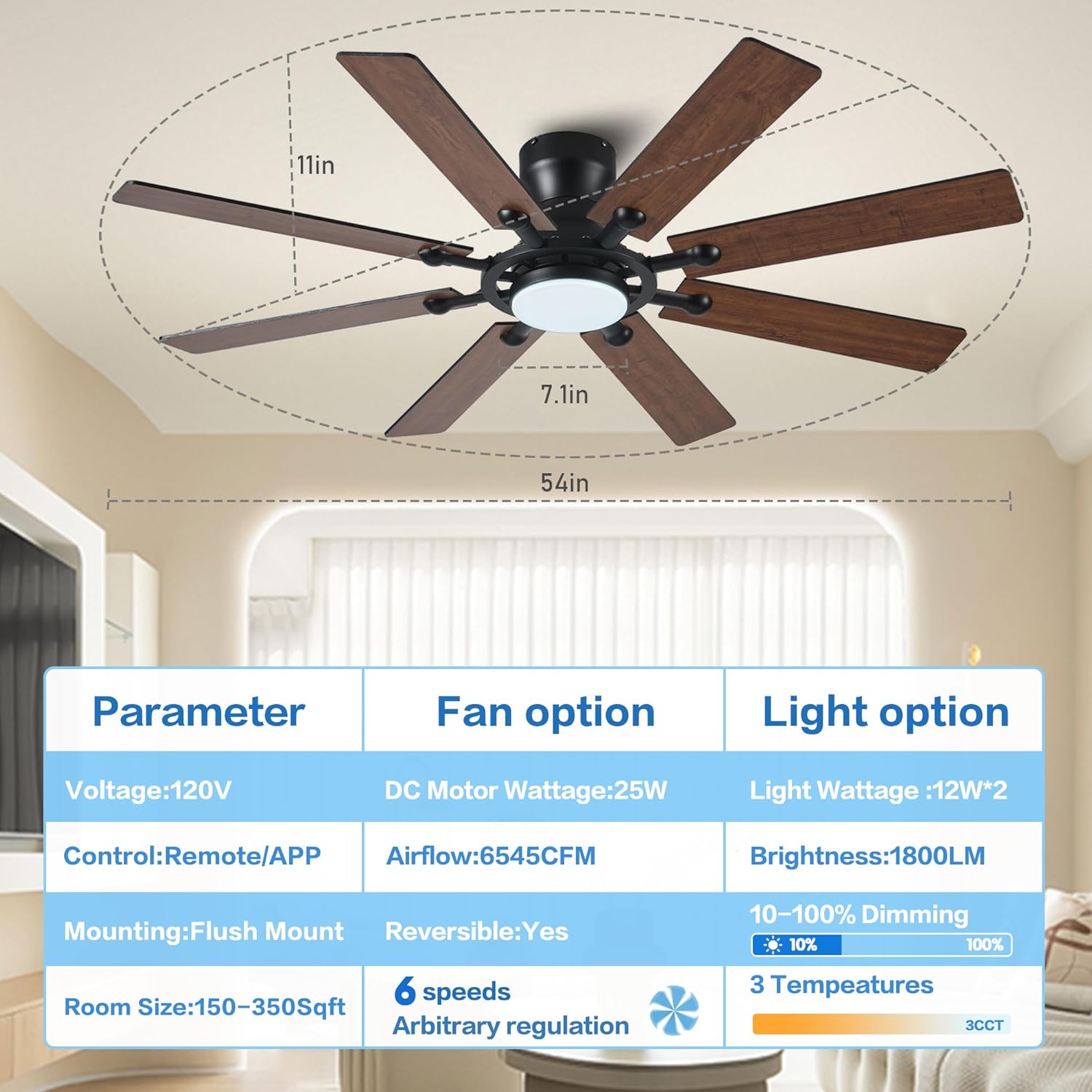 Ceiling Fans with Lights, 54 inch Low Profile Ceiling Fan with Light and Remote Control, Flush Mount Ceiling Fan for Bedroom, Living Room, Reversible, 3CCT, Dimmable, Noiseless DC Motor, Brown
