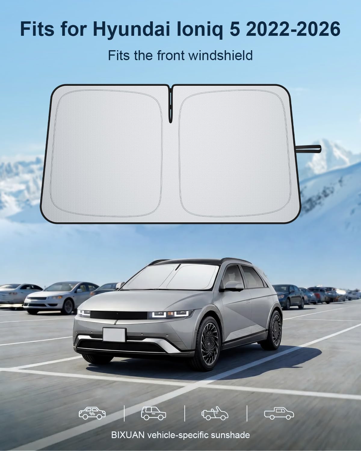 BIXUAN Osłona przeciwsłoneczna na przednią szybę, kompatybilna z Hyundai Ioniq 5 2022-2025 2026, osłona przeciwsłoneczna na przednią szybę, składany parasol przeciwsłoneczny z ochroną przed