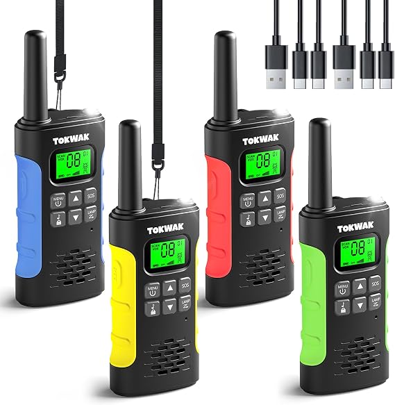 Tokwak Pack Familial de 4 Talkies-Walkies Rechargeables USB-C Multicolores