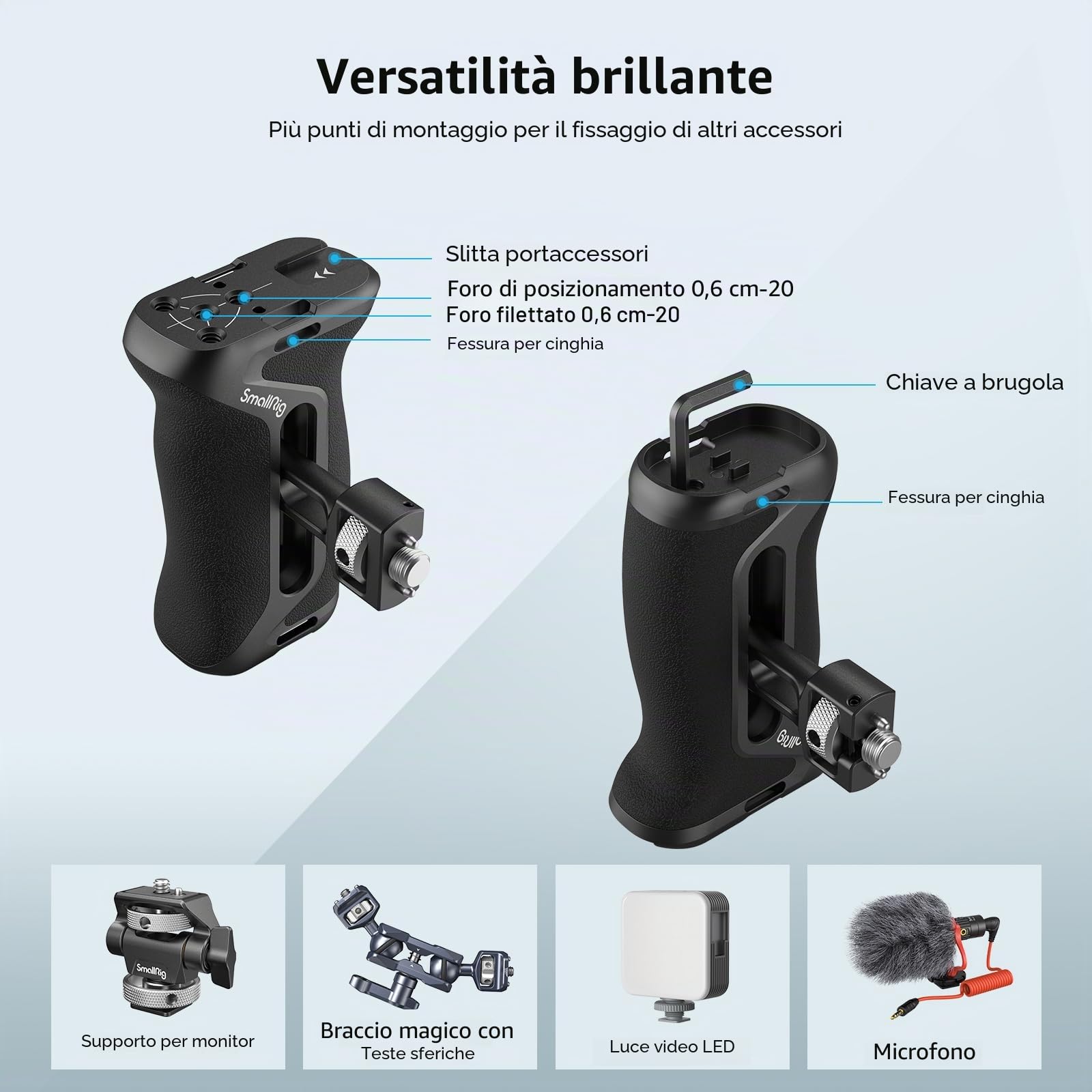 SMALLRIG Locating Side Handle con 3/8'' Screw per ARRI-Style, 36 mm Regolabile Su/Giù, Impugnatura Ergonomica Laterale per Gabbie per Fotocamere, con Foro per Cinghia Integrato - 4016