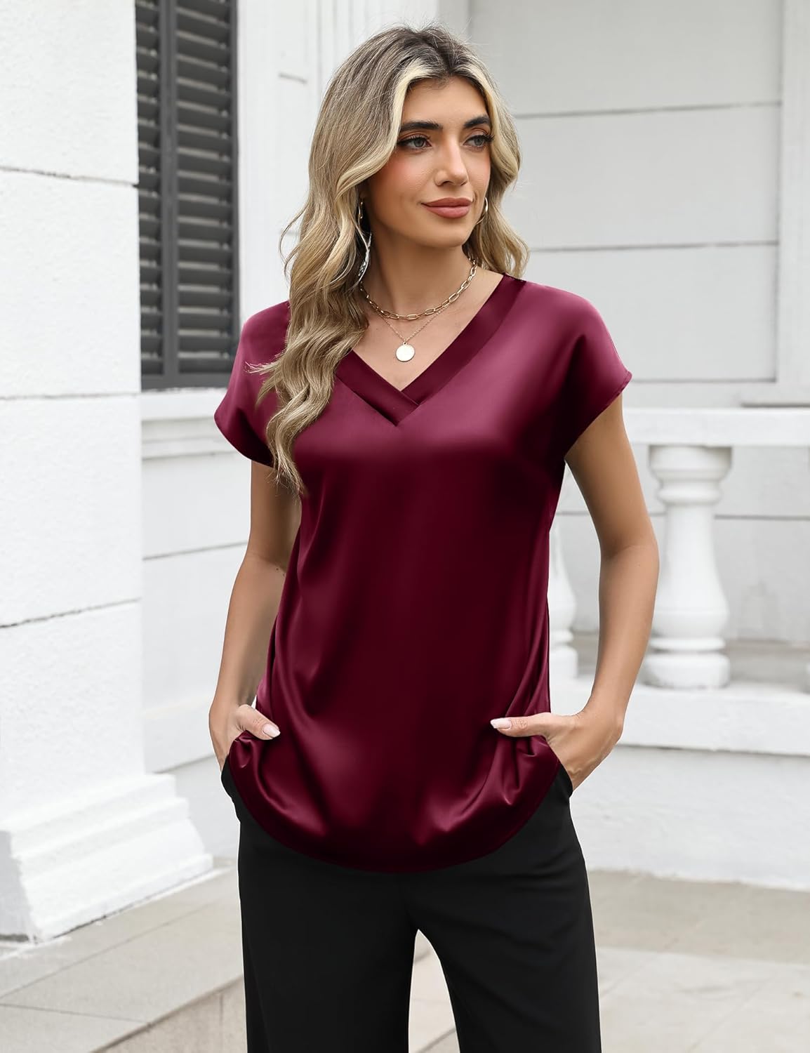 LOMON Women Silk Satin Tops Cap Short Sleeve Blouse V Neck Shirts Business Casual Outfits - Image 2