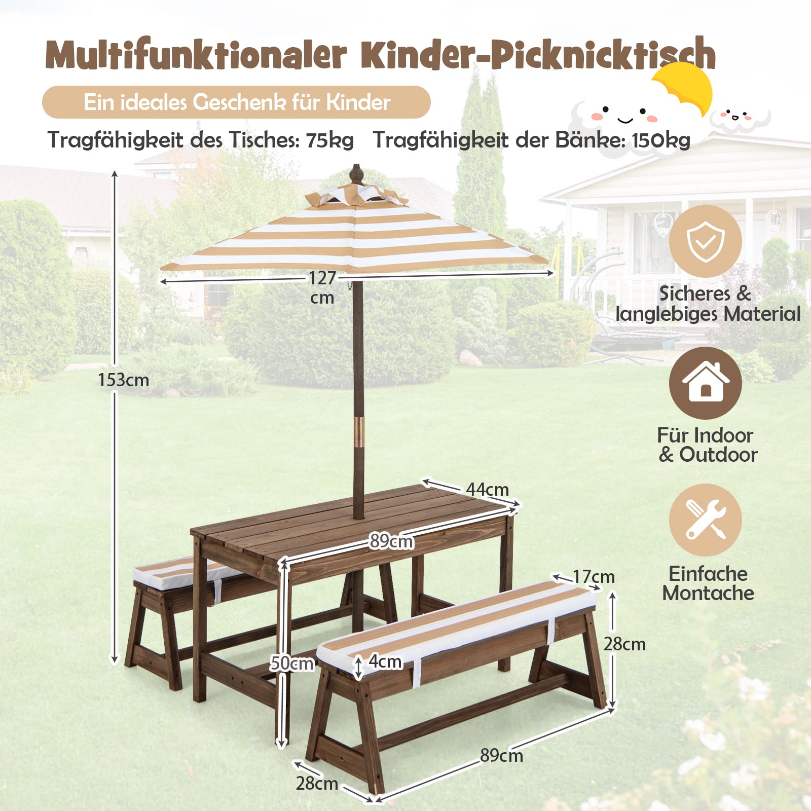 DREAMADE Kindersitzgruppe mit Sonnenschirm, Kinderpicknictisch mit 2 Bänke, Gartenmöbel für Kinder aus Tannenholz, Kinder Sitzbank für Outdoor & Indoor (Braun)