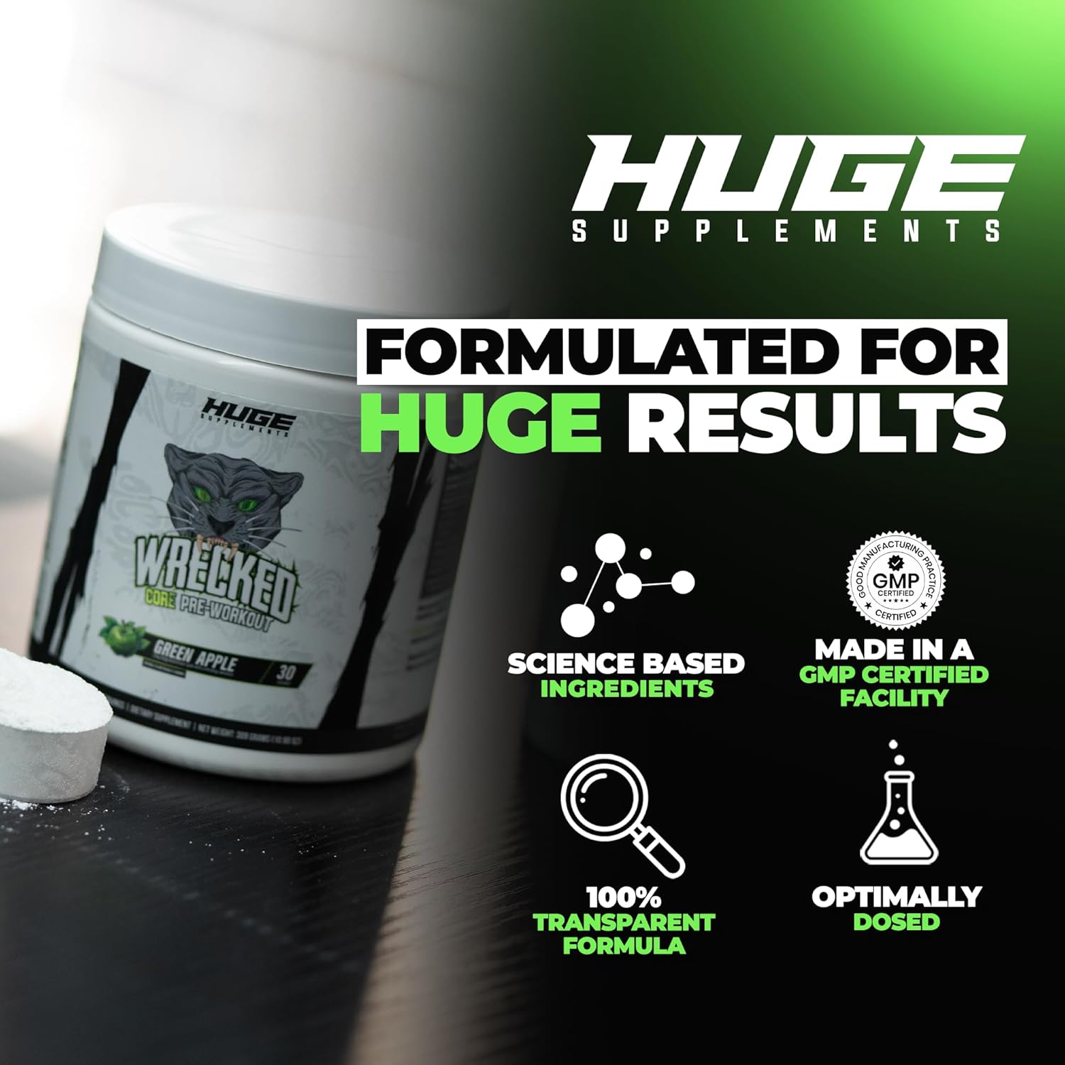 Wrecked Core - All-in-One Pre-Workout Supplement for Men & Women, Increase Energy, Focus & Pumps with L-Citrulline, Beta-Alanine, L-Tyrosine & More (30 Servings) - Green Apple - Image 4