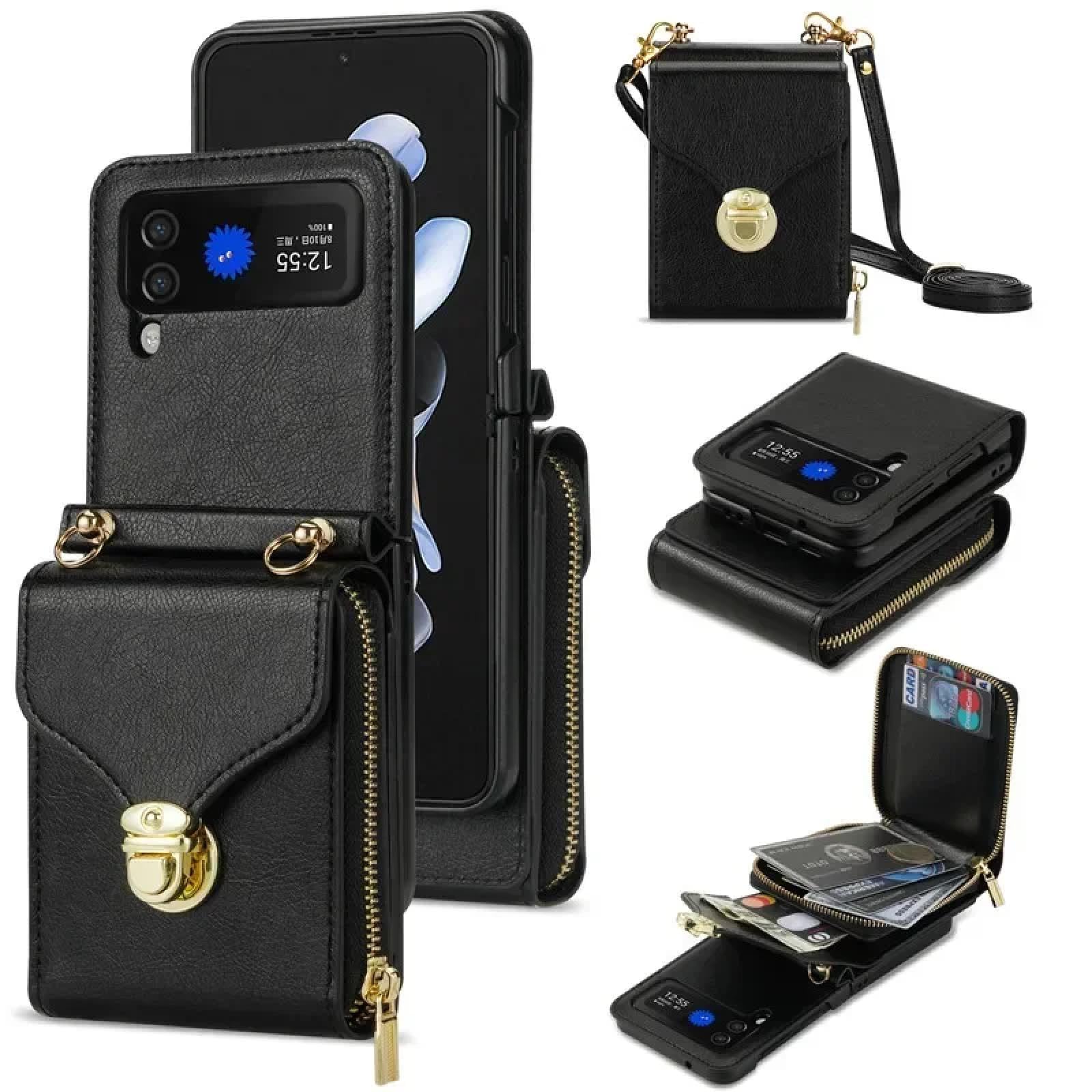 Do Samsung Z Flip 3 Smycz Skórzany Zamek Portfel Slot Karty Etui na Telefon Smycz Portfel Torba Flip Stojak Pokrowiec Tylna Torba (Do Samsung Z Flip 3/Czerwony)