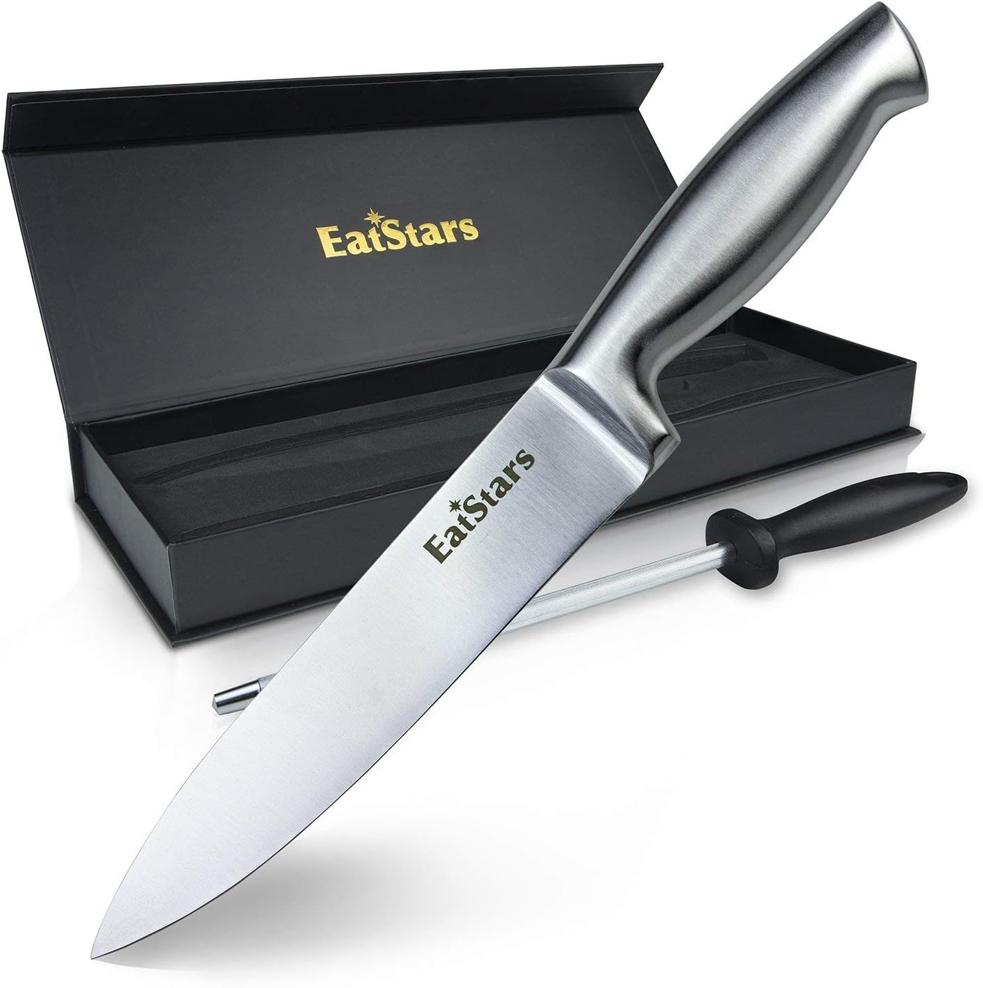 Chef Knife, EatStars Professional 8 Inches, Carbon Japanese Stainless Steel, Ultra Sharp and Perfect for Chopping, Slicing, Dicing & Mincing. FREE BUNOS Sharpener in Gift Box