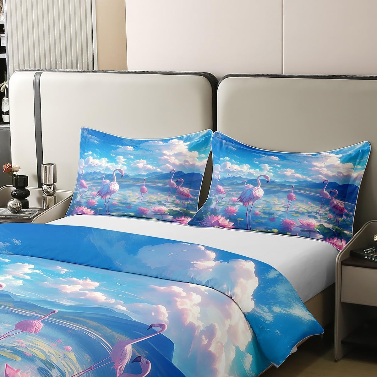 2 Pieces Flamingo Duvet Cover 100% Nature Cotton Twin,Dreamy Pink Lotus Flower Leaves Cartoon Birds Comforter Cover,Watercolor Sky Blue and White Super Soft Bedding (Not Comforter)