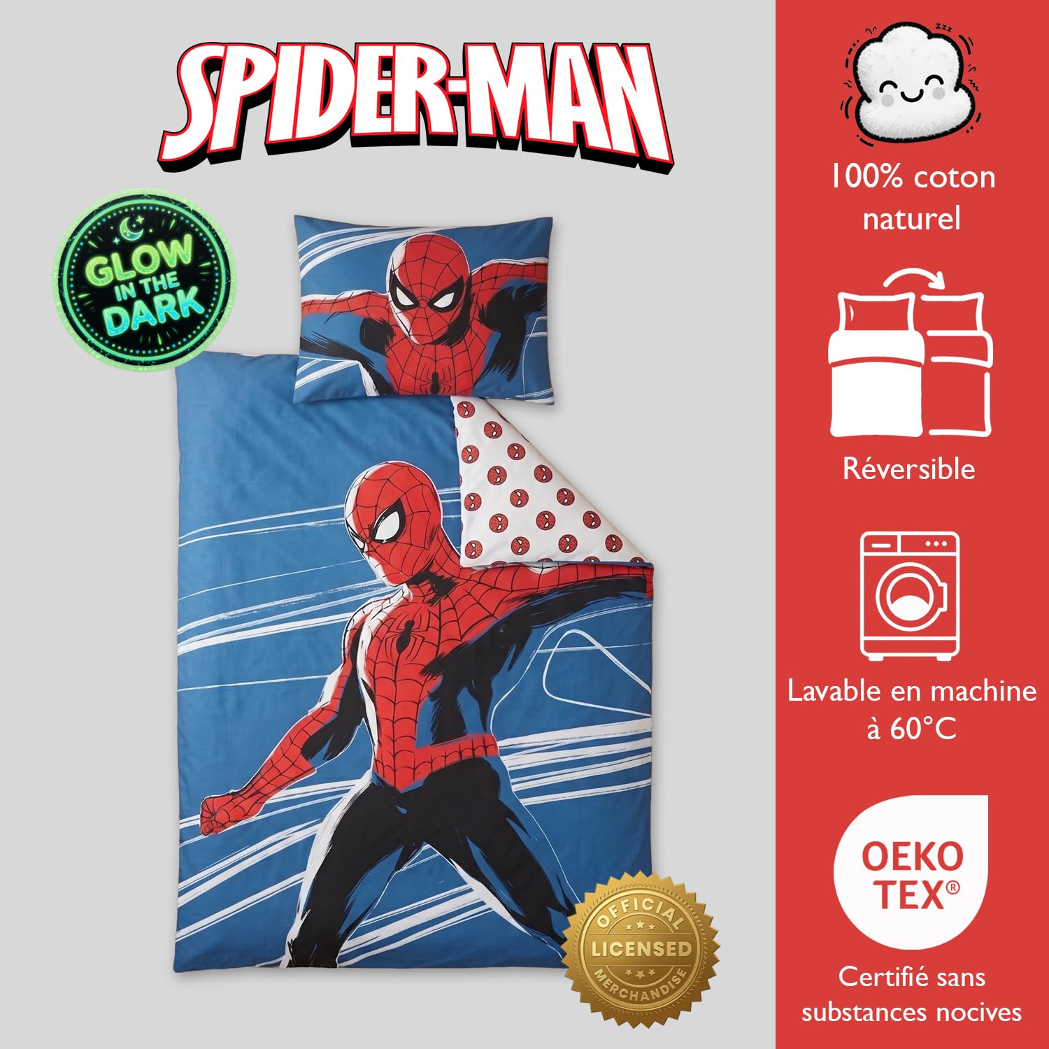 Parure de lit pour berceau Spiderman 100x135 cm + Taie d'oreiller 40x60 cm, 100% coton | Ensemble de literie pour bébé style phosphorescent parfait pour les enfants | Parure de lit pour berceau