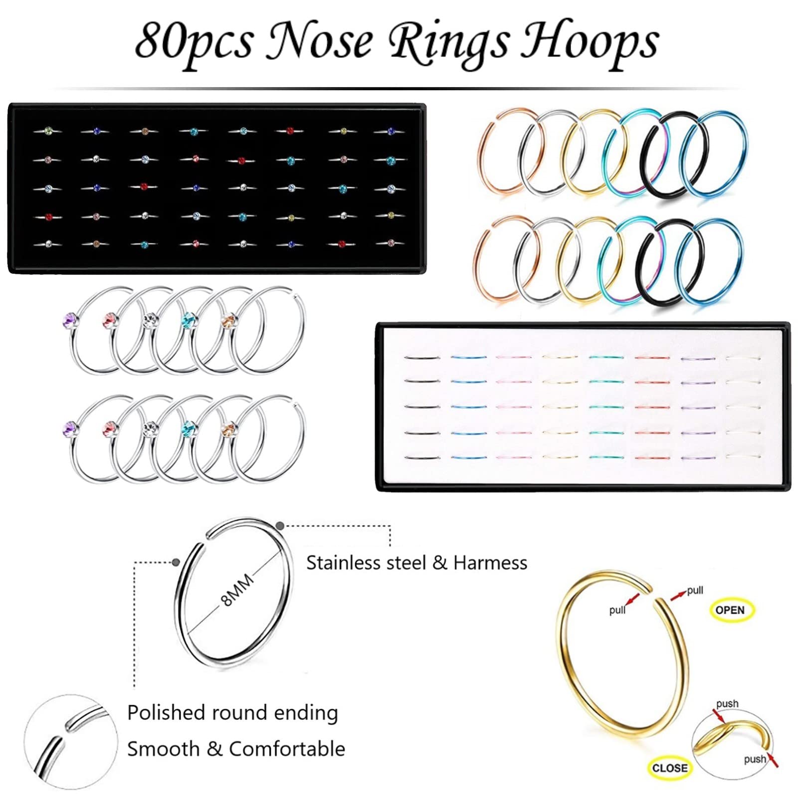 Nose Rings Studs and Hoops, Surgical Stainless Steel Hypoallergenic Nose Rings Set for Women Men, Straight/L/Screw Shaped and 1.5/2.0/2.5mm Rhinestone Nose Piercing Jewelry and Ideal Gift