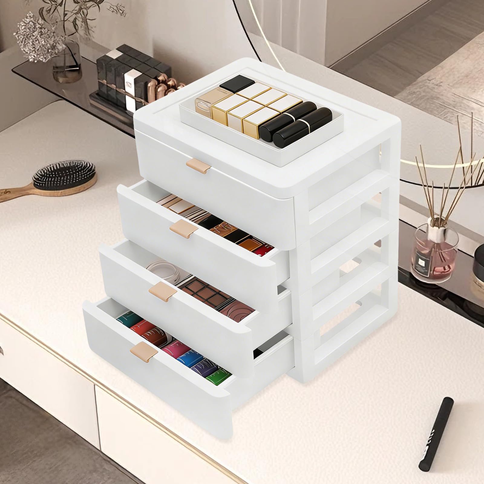 Organizer da scrivania con 4 cassetti, per libri, gioielli, cosmetici, 26 x 20,2 x 29 cm, bianco
