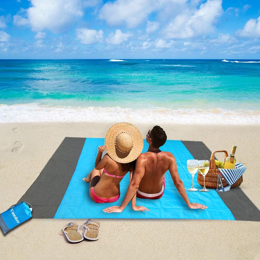 VoMii for Large Beach Blanket 82" x 79", Portable Compact Lightweight Sandless Beach mat,Waterproof Soft Fast Drying Ripstop Nylon Sand Blanket for Camping, Hiking, Lawn Party