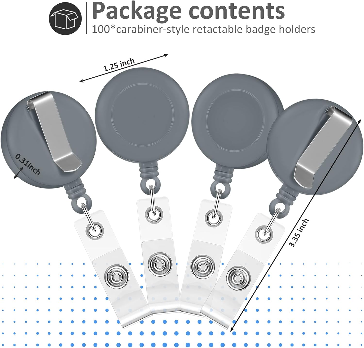 Zonon 100 Pieces Retractable Badge Reel Clips ID Card Holder Reel with Metal Belt Clip for Hanging Cards Key Chains, Name Badge Holders for Nurses Teachers Students(Gray)