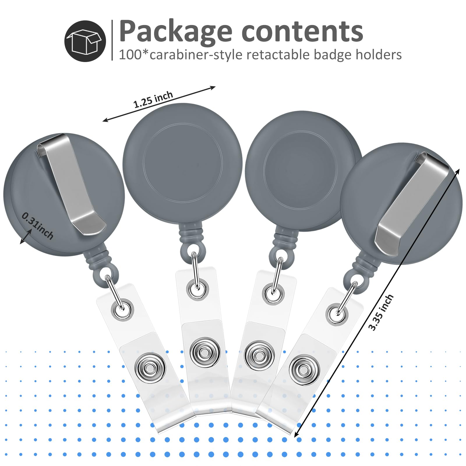 Zonon Lot de 100 porte-badges rétractables avec clip de ceinture en métal pour accrocher des cartes, porte-clés, porte-badges pour infirmières, enseignants, étudiants (gris)