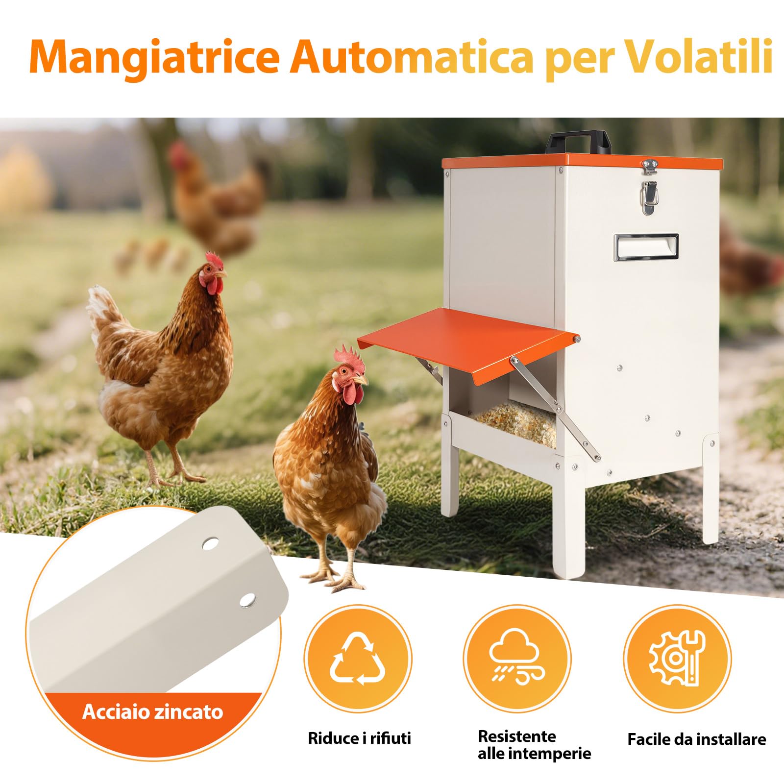 Mangiatoia Automatica per Pollo,Avicoli per Galline Antitopo,18kg（30lbs）Acciaio Zincato Abbeveratoio Galline,Antispreco Mangiatoia Galline,Mangiatoia Impermeabile per Pollame