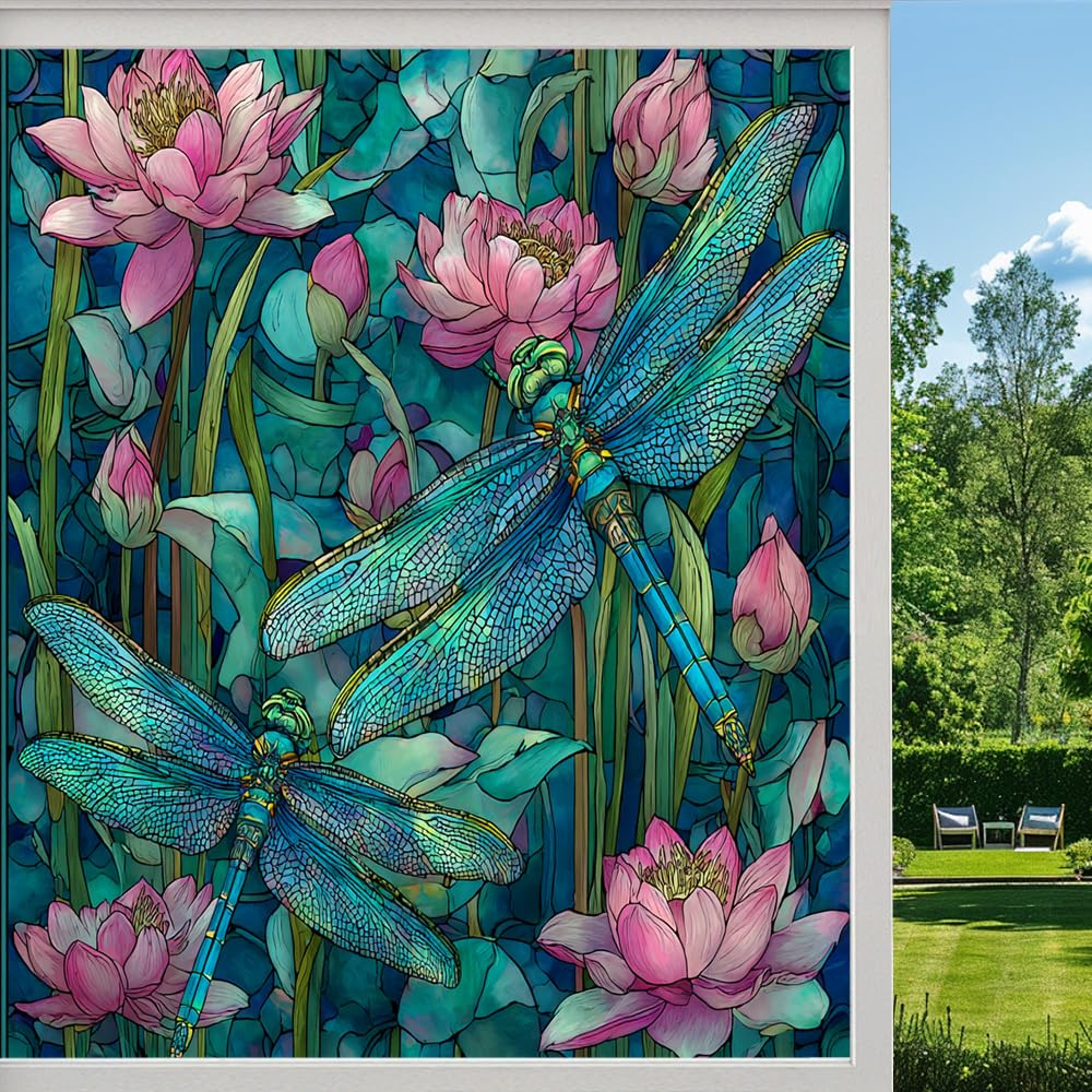 Colorful Lotus Flower Frosted Window Film, Pond Floral Dragonfly Stained Glass Privacy Film, Heat Insulation Self-Adhesive Vinyl for Bathroom Office, （45x100cm）