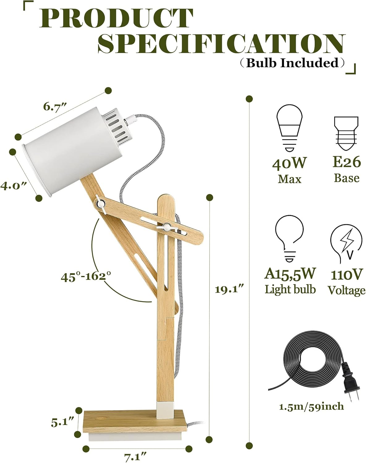 🔥 Crаzу Dеаlѕ LED White Desk Lamp, ELYONA Touch Control Wood Table Lamp with Wireless Chager & USB Charging Port, Swing Arm Reading Task Lights for Office, Dorm, Living Room, Bedroom, Farmhouse, Bulb Included