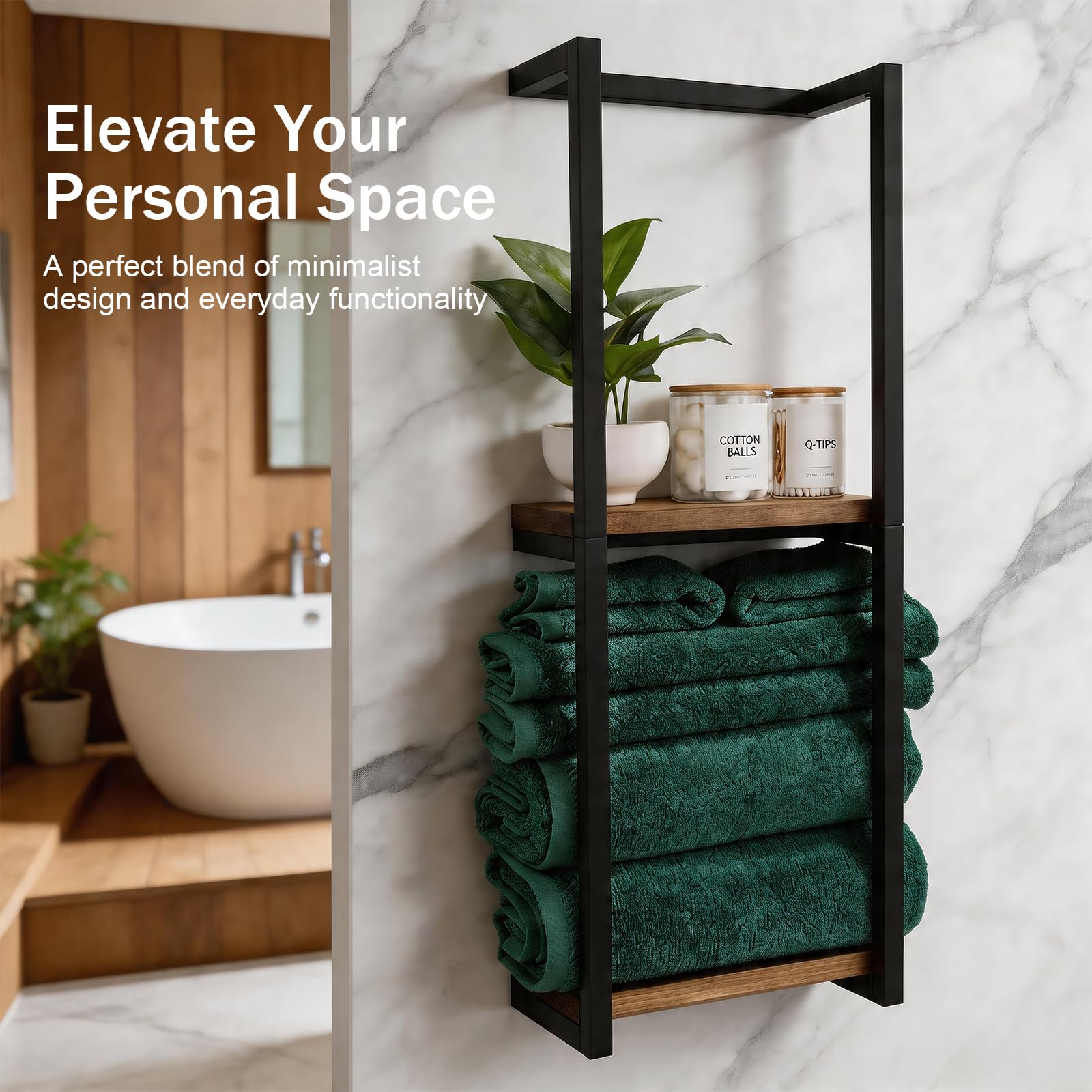 Toallero de pared para toallas de baño, toallero vertical para almacenamiento, estante de baño de metal inoxidable para hasta 8 toallas, almacenamiento de toallas para baño pequeño, color negro