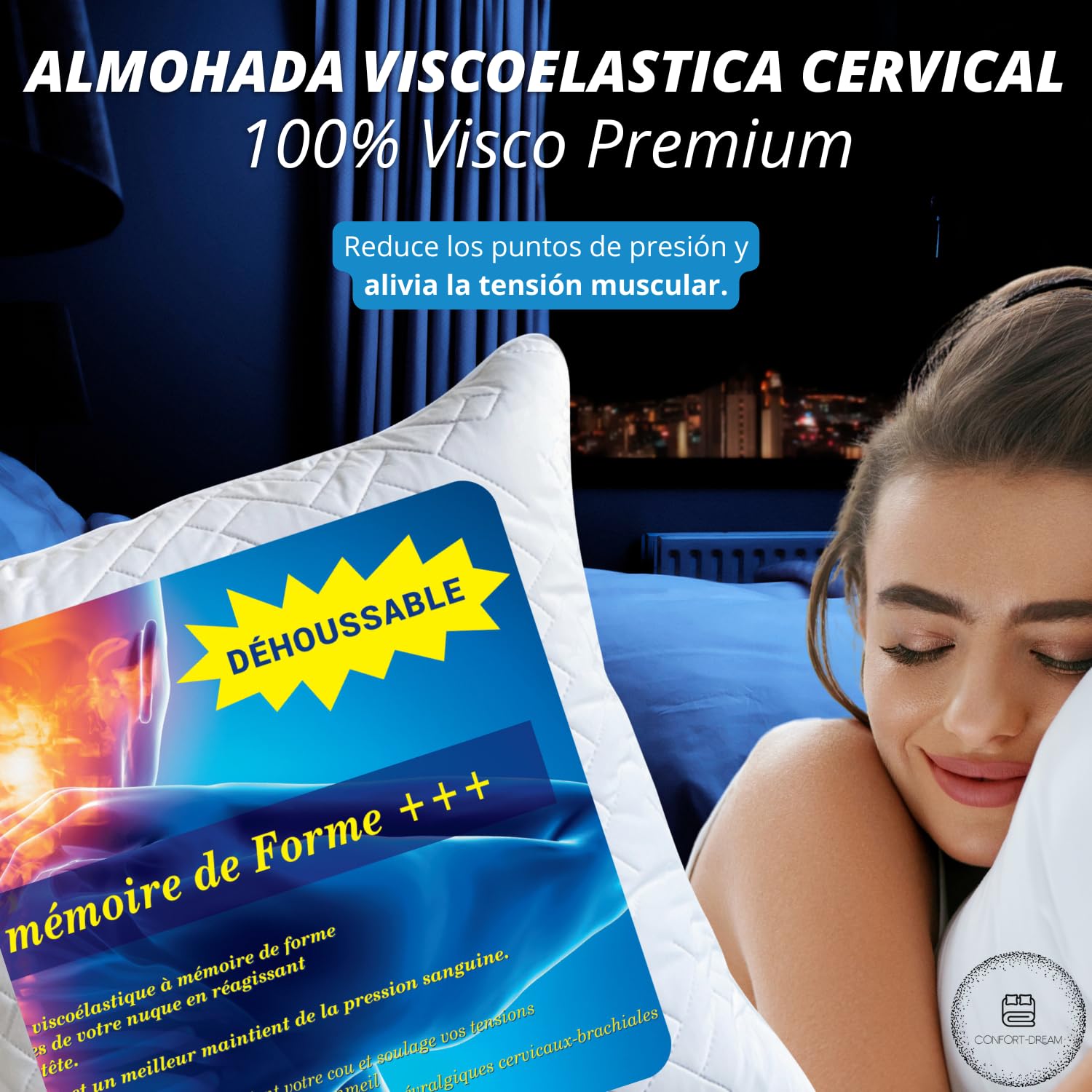 Almohada Cervical 60x60cm Memoria Forma Firme Ergonómica Cuello | Desfundable, Garantía de Por Vida, Cuadrada, Para Pareja/Adulto, Para Cervicales Doloridas
