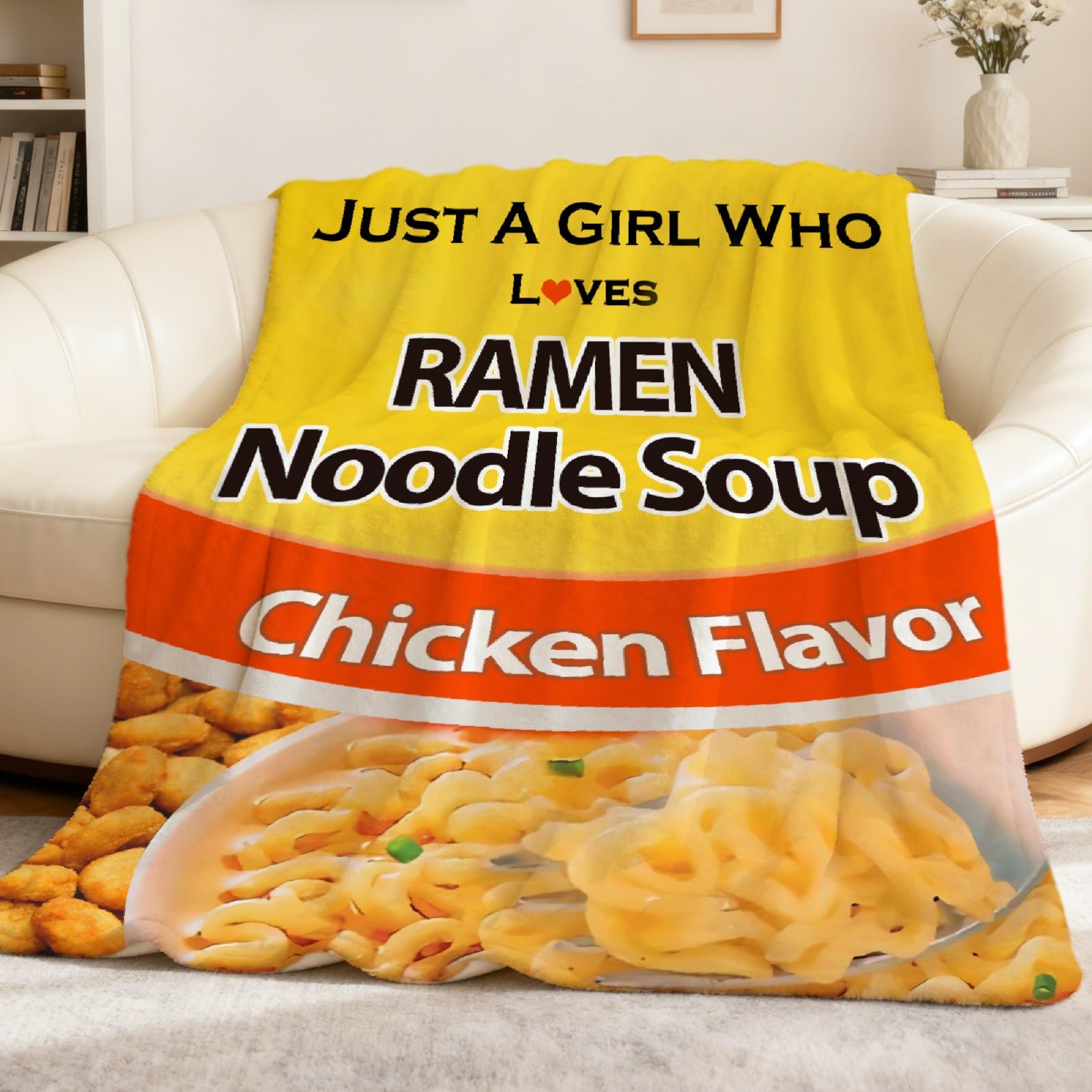 Maruchan Ramen Manta de franela con sabor a pollo, forro polar para aire acondicionado, el mejor regalo, manta ligera y acogedora de felpa para sofá, silla, dormitorio, M, 60 x 50 pulgadas, para