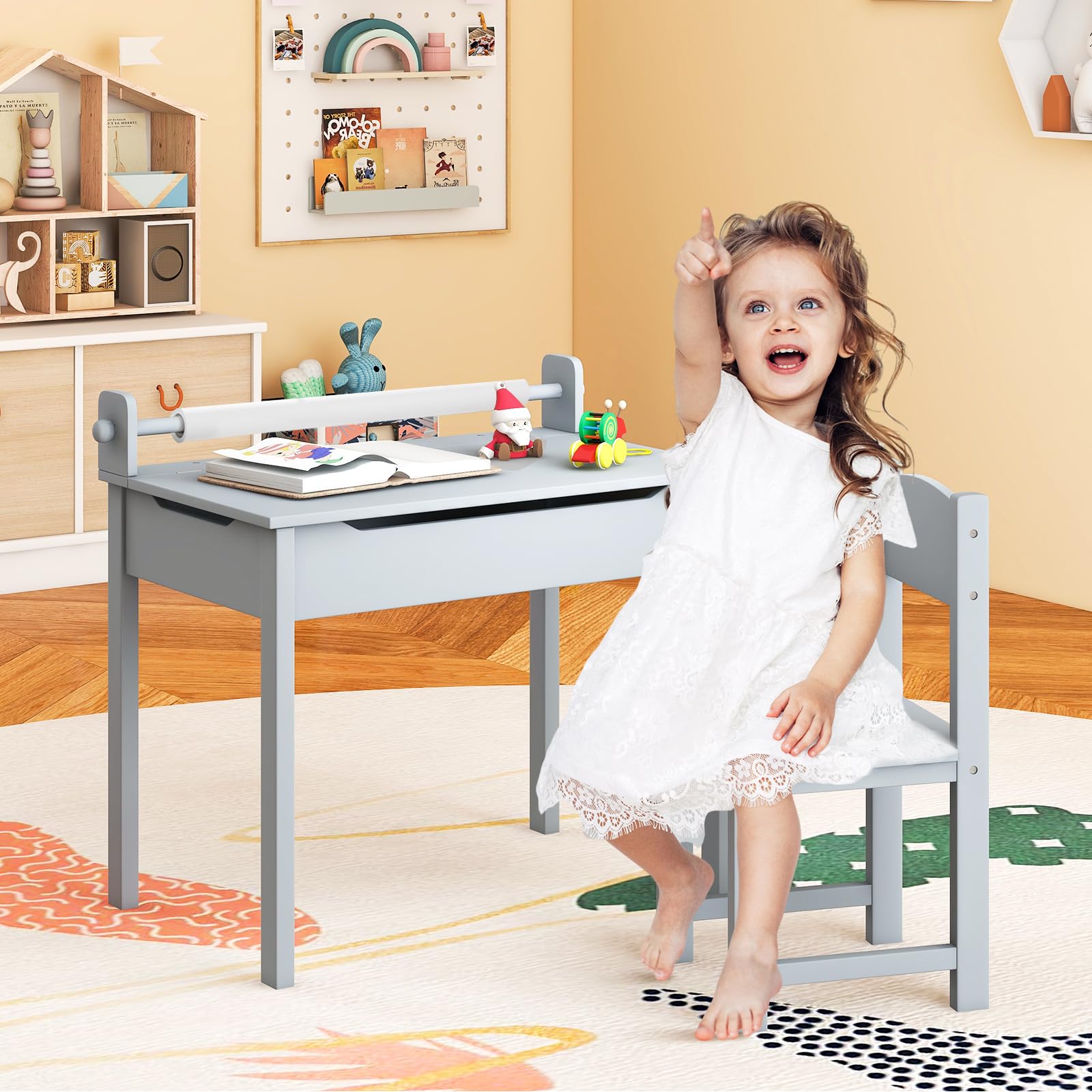 COSTWAY Set Tavolo e Sedia d’Arte per Bambini 3+ Anni, Scrivania in Legno di Pino da Disegno con Portarotolo, Piano Ribaltabile & Vano Portaoggetti, Rotolo di Carta (10m) e 2 Pennarelli (Grigio)