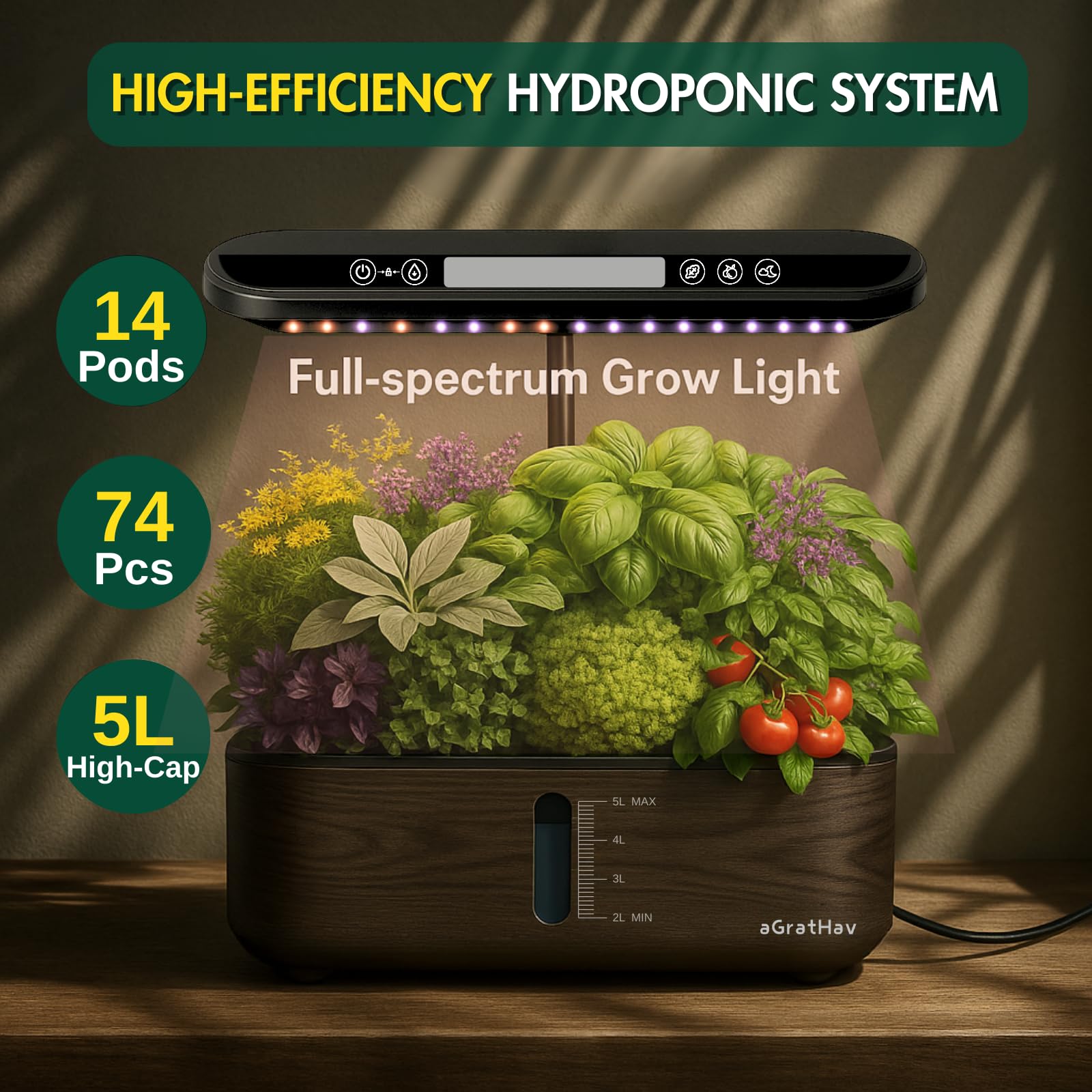 Kit de sistema de cultivo hidropónico, jardín de hierbas para interiores, pantalla LCD mejorada, 14 cápsulas, luz LED de crecimiento silenciosa, bomba de agua inteligente, temporizador