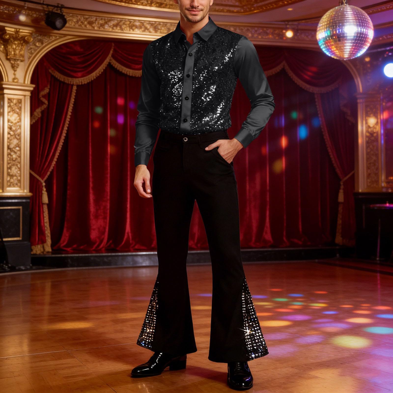 Traje de lentejuelas brillantes para hombre, camisa larga y pantalón elefante, chándal carnaval 60s Groovy baile latino