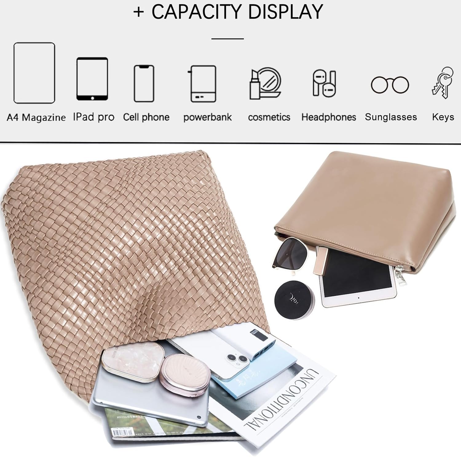 Women Vegan Leather Hand-Woven Tote Handbag Fashion Shoulder Top-handle Bag All-Match Underarm Bag with Purse - Image 5