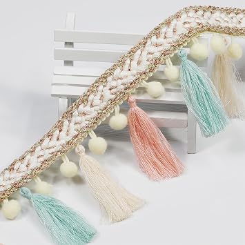 3 Yard 85mm/3.35 Inch Vintage Knotted Cotton Fringe Tassels Trim, Boho Long Trim, Sewing for Drapery Curtain Pillow Carpet Lamp Fringe Crafts Light Green/Beige/Pink