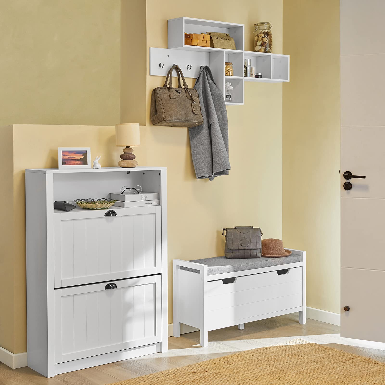 SoBuy Panca scarpiera con cuscino 91x30x50cm per ingresso | Cassapanca contenitore in MDF melaminato con cuscino 5cm, carico 120kg, bianco elegante FSR97-W
