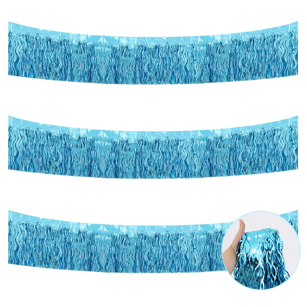 BEISHIDA 3 Pack Light Blue Wavy Foil Fringe Garland 30ft Tinsel Wall Decor