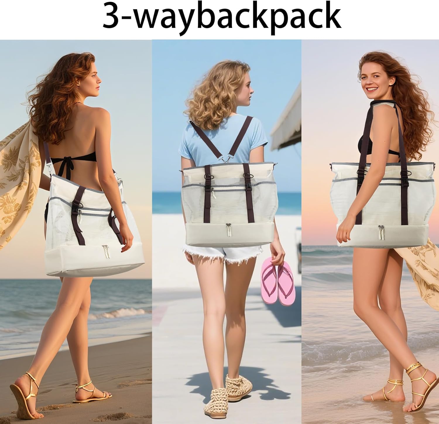 Mesh Beach Bag with Cooler Large Travel Family Vacation Essentials Pool Swimming Zipper Pocket Durable 9 Pockets - Image 2