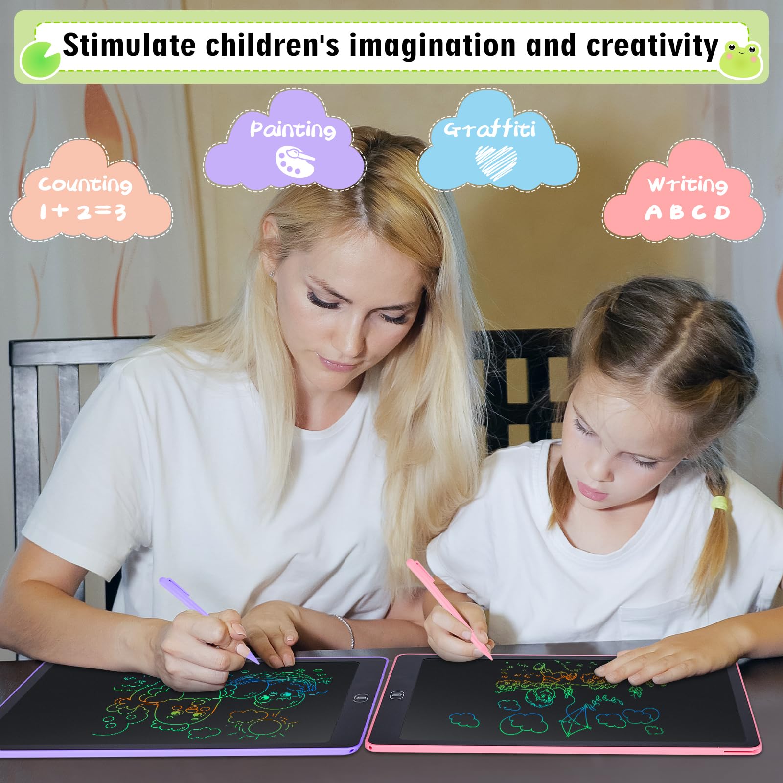 2 Pack Tablette D'écriture LCD 16 Pouces,LCD Tablette Dessin avec Ecran Coloré,Bloc D'écriture Effaçable avec des Autocollants D'animaux,pour Garçons et Filles de 3 4 5 6,Rose + Violet