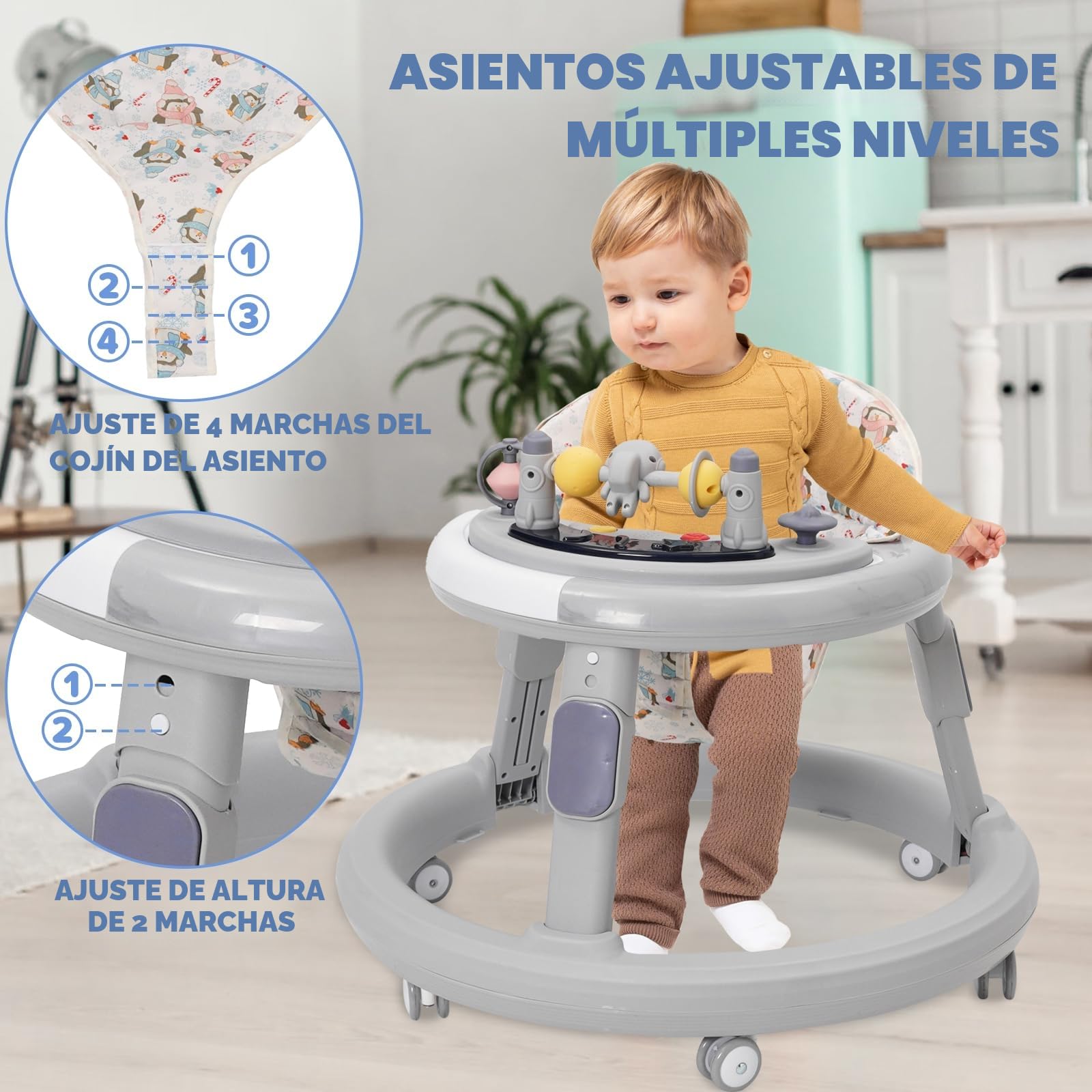 Andador Bebes 3 en 1 con Zona de Juegos, Bandeja y Reposapiés, Altura Ajustable, Ruedas Silenciosas de 360°, Plegable y Resistente, Apto para Niños a Partir de 6 Meses (Gris)