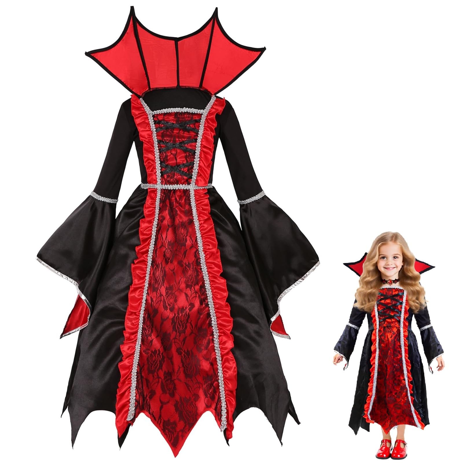 Clundoo Vampire Costume for Kids, Vampire Princess Halloween Girls Gothic Girls Vampiress Costume Princess (XL)