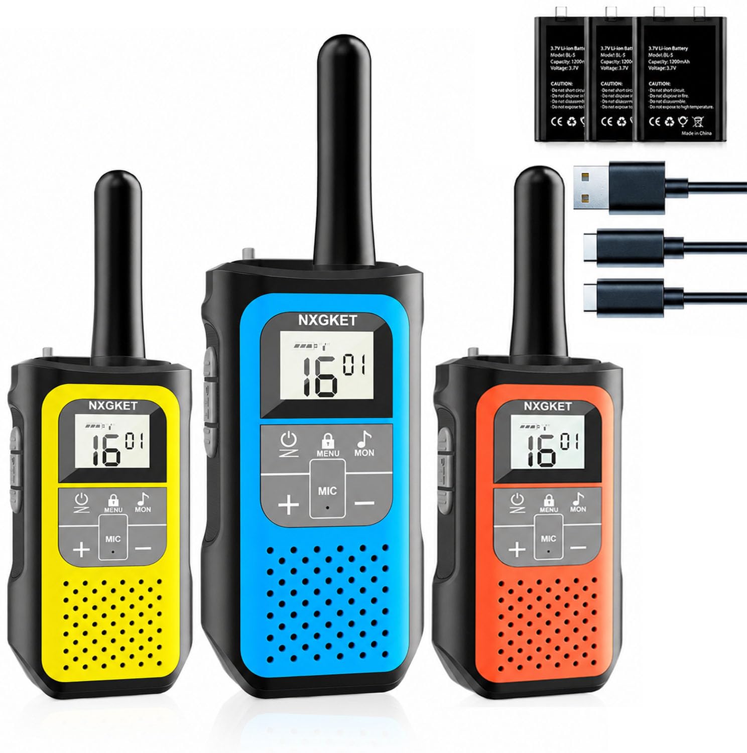 NXGKET Walkie Talkie Niños Recargable, 24 Horas de Tiempo de Trabajo, 5 km de Largo Alcance, 16 Canales, Función VOX, Walkie Talkies para Acampadas y Senderismo al Aire Libre, Paquete de 3