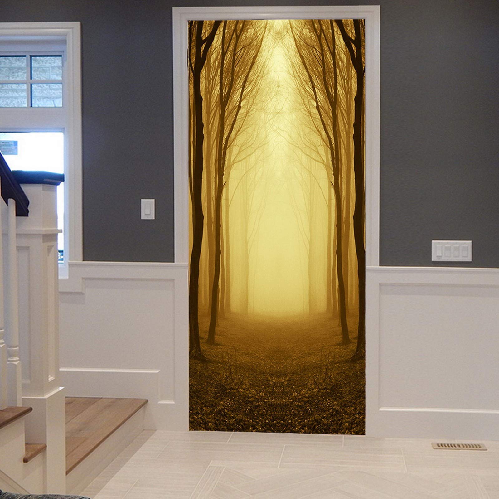 A.Monamour 3D Door Stickers for Interior Doors Path Through A Golden Forest Trees at Autumn Sunrise with Fog Vinyl Waterproof Self Adhesive Door Mural Decals for Bedroom Office Bathroom 83 x 204 cm
