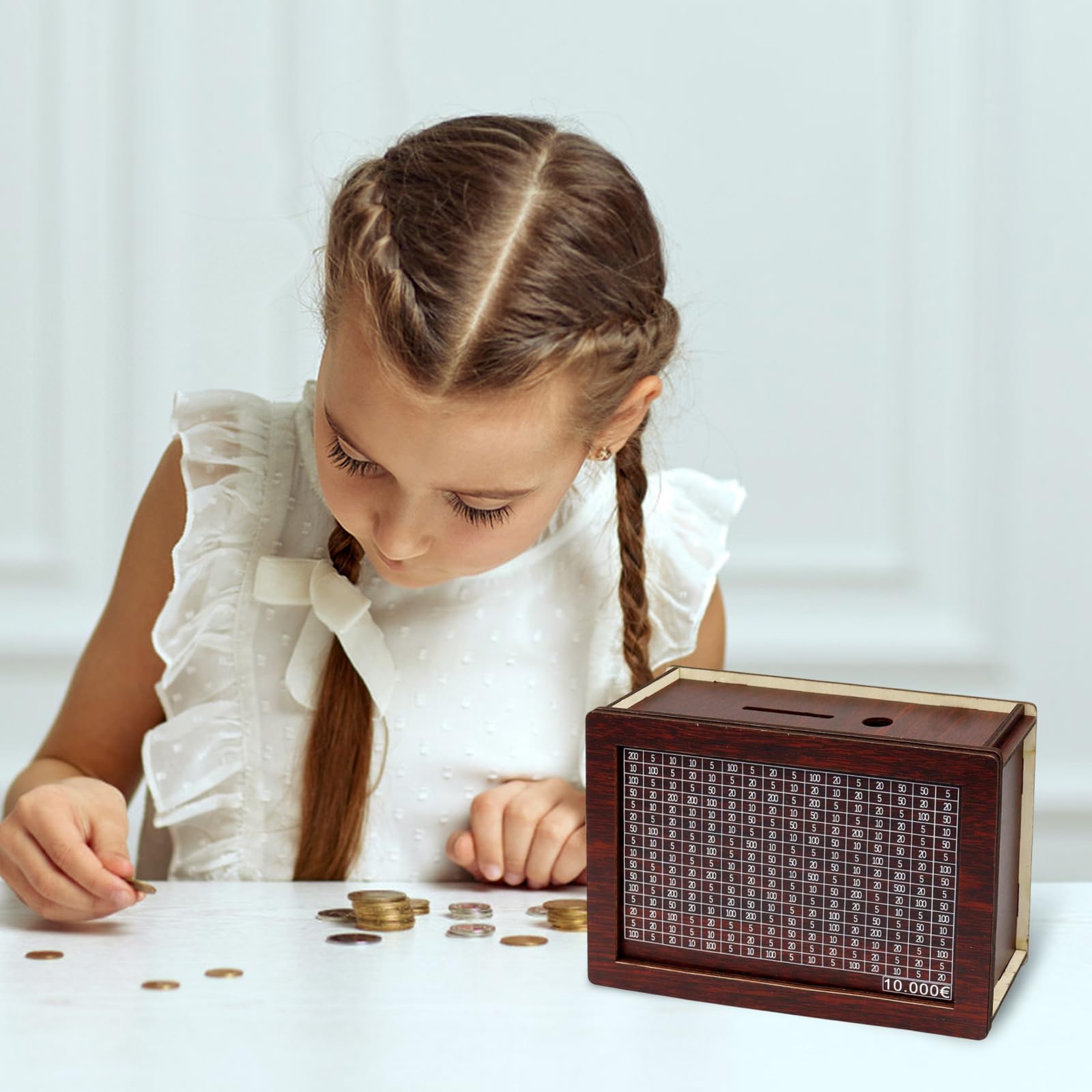 Salvadanaio In Legno Con Obiettivo Risparmio Da 500 A 10.000€ - Con Penna Cancellabile E Adesivi Contabili - Per Bambini E Adulti
