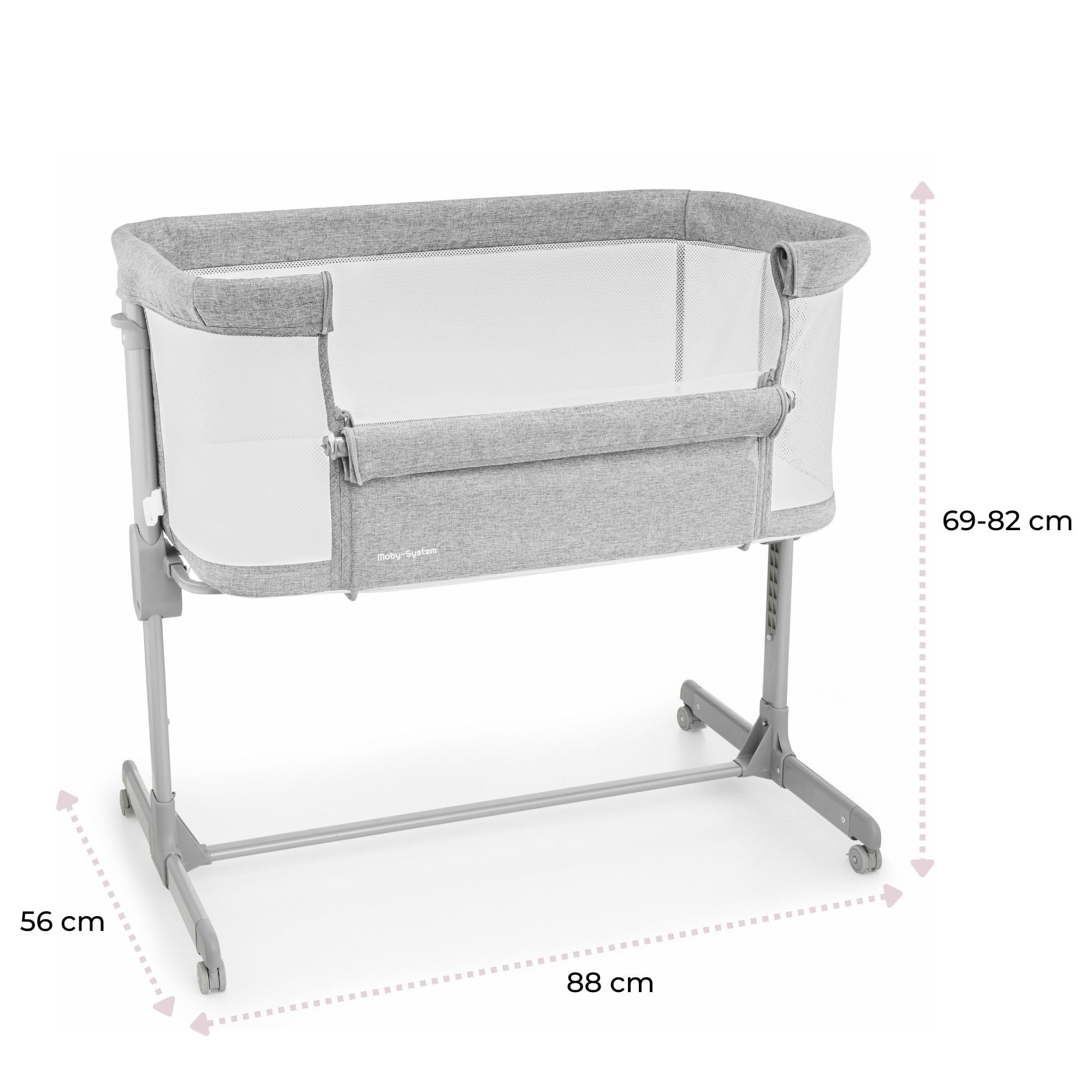 Moby-System Cuna de Entrega Luna 3 en 1 de Color Gris, para niños de hasta 9 kg, Altura Ajustable de 7 Niveles, 4 Ruedas de Transporte, Pared Lateral extraíble