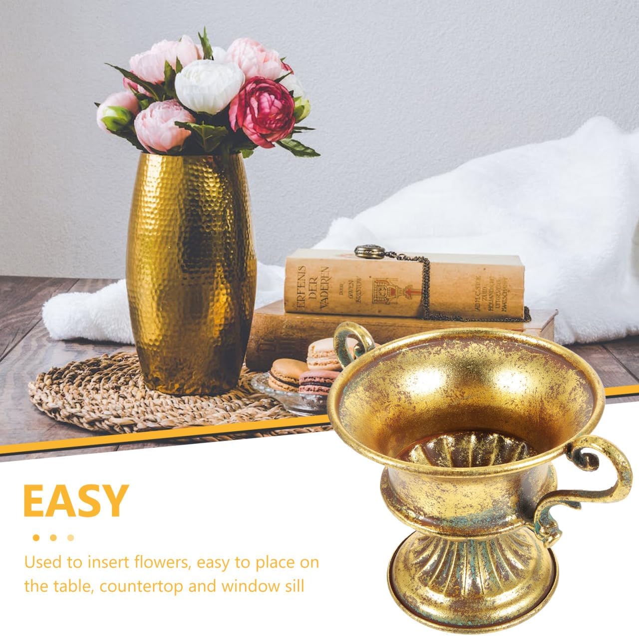 Amosfun 2pcs Vintage Urn Vase Brass Flower Pots Roman Style Trumpet Vases for Centerpieces Garden Patio Front Porch Decoration 9.2 x 6.3 Inch