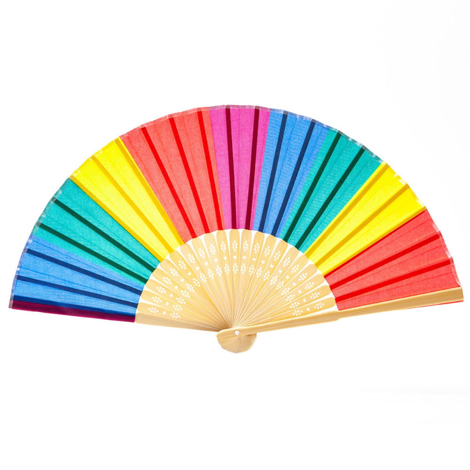 NIHENHAO Rainbow Hand Fan Colorful Hand Held Fan Chinease Folding Fan Hand Raves Fan Cloth with Bamboos Handle Bamboo Cloth