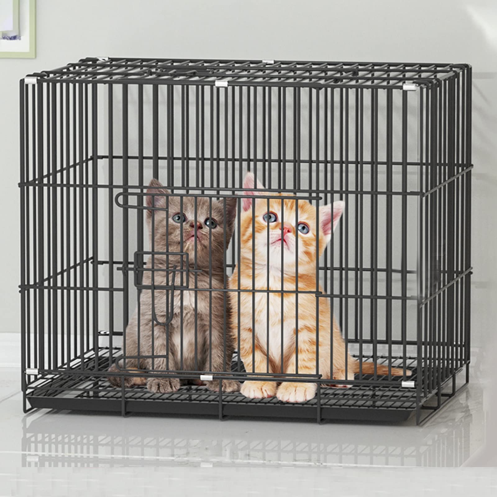 Katzengehege Indoor Kitten Transport Metall Hundekäfig Faltbar Transportbox Katze Transportkäfig Auto Tierkäfig mit Bodenschale Gitterbox für Kleintiere(Black,50 * 35 * 41cm-A)