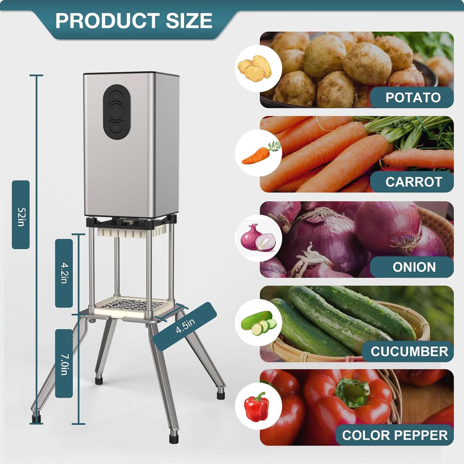 Tagliapatatine Verticale, Tagliapasta Elettrico in Acciaio Inossidabile, Tagliapatate Automatico con Lama da 1/2 e 3/8 di Pollice per Patate, Cipolle, Carote