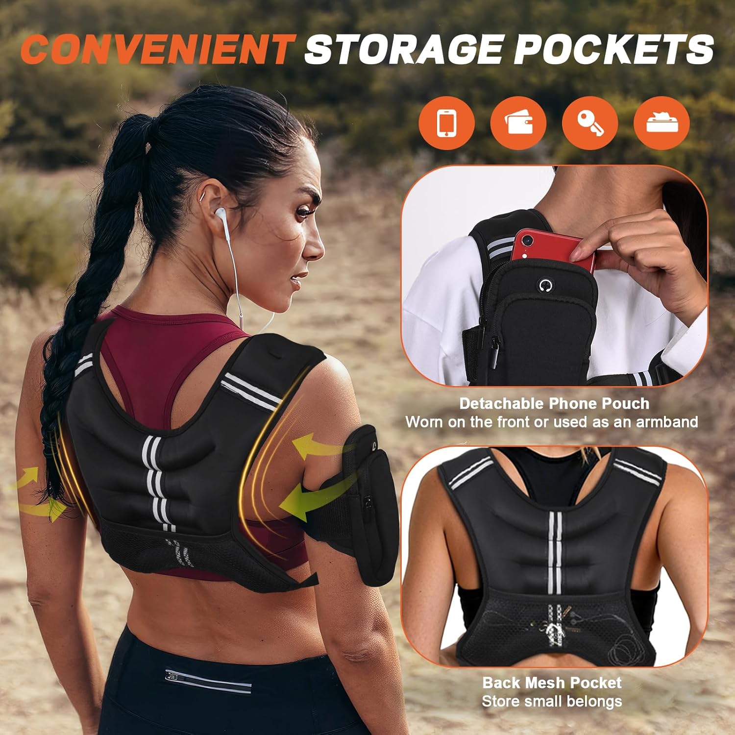 KTINNEAD Weighted Vest for Women Men, 8lb/12lb/16lb/20lb Weighted Running Vest with Reflective Stripe, Detachable Phone Pouch for Workout, Walking, Strength Training, Weight Loss, Fitness, Jogging