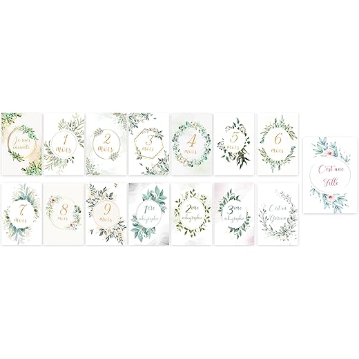Cartes étapes grossesse, 15 cartes mois par mois, motifs floraux verts
