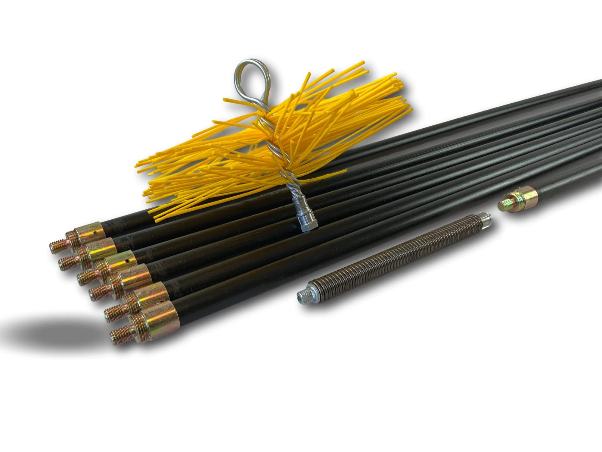 Kit de deshollinado Hyper Pro para conductos entubados | Cepillo sintético | Ø200 mm | 7 varillas negras PPN macizas contra roscadas Ø20 mm | Resorte de inicio | 6x2 m + 1x1 m | Kibros RAMHP20N