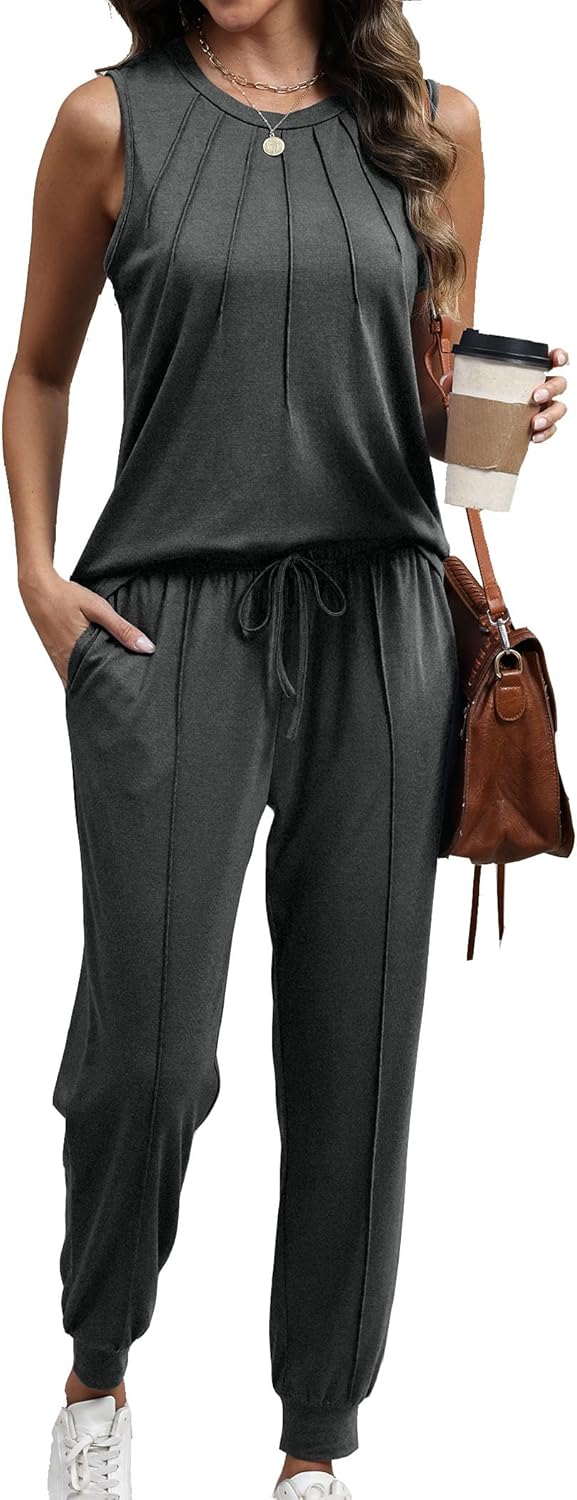 Women's Pajamas Set Lounge Sets for Women Sleeveless Pleated Pullover Tops and Long Pants 2 Piece Outfits S-XXL