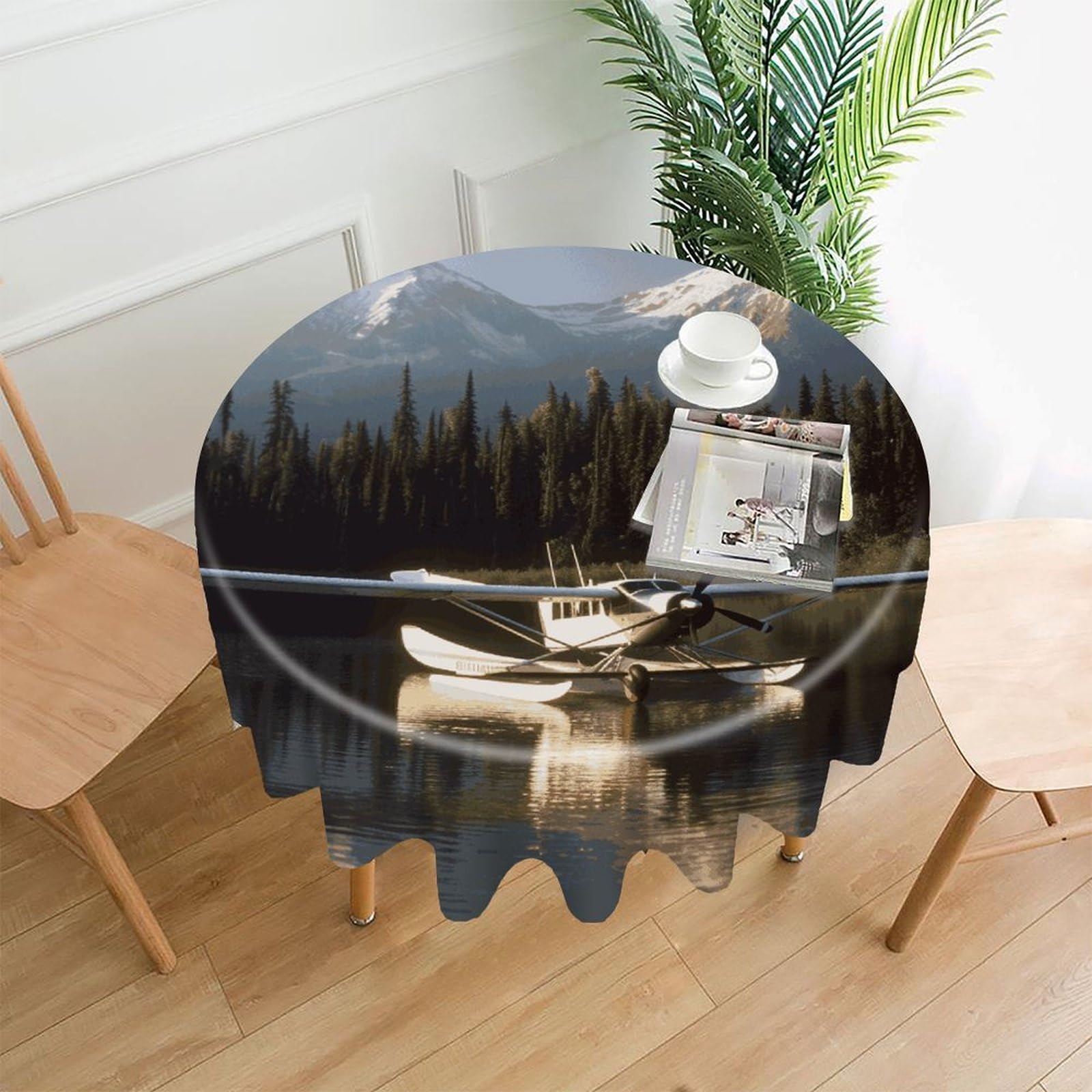 FekiLoot Airplane on Lake Round Tablecloth Cover 60 Inch Wrinkle Free Washable Polyester Fabric Table Cover Decorative Round Table Cloth for Home Dining Kitchen Party Farmhouse